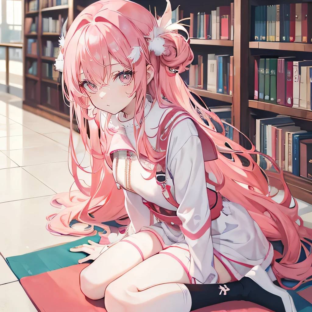 Coral pink hair,long hair,hair over one eye,gray eyes,feather hair ornament,cute,girl,JK,Wear white knee-high socks,whole body,Kneel and sit on the ground,Don't show your arms,The background is the library