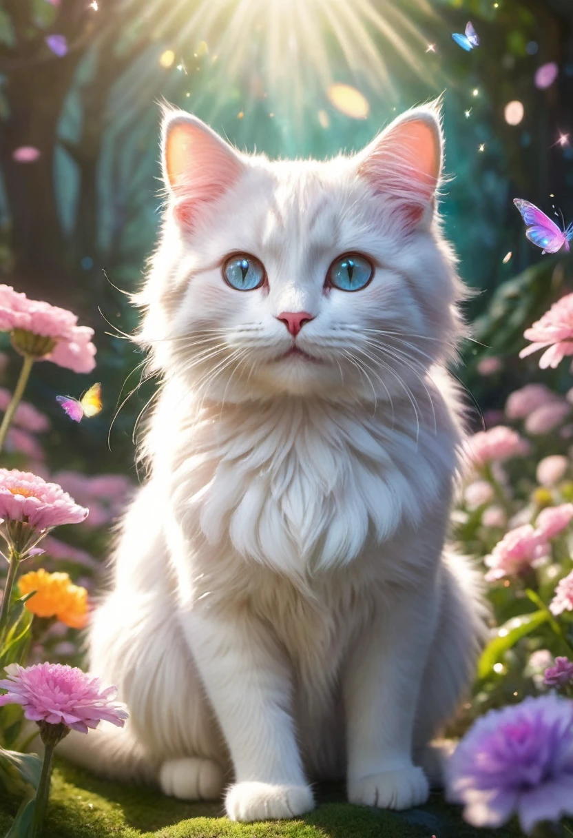 (highres,masterpiece:1.2),(realistic:1.37),detailed,enchanted,smiling,cartoonish cat,fairy tale-like,whimsical,glowing eyes,happy expression,long whiskers,soft fur,magical glow from its paws,sparkling colorful stars floating around,fluffy,cute,friendly,playful,ethereal,mysterious,cute pink nose,winking eye,mischievous,curious,joyful,golden crown on its head,surrounded by vibrant flowers,butterflies fluttering around,waving its paw and casting a magical spell,colorful and dreamy background,soft pastel colors,gentle sunlight filtering through the trees,peaceful atmosphere,soft shadows on the ground,overgrown magical garden,puddle reflection with a rainbow in it.