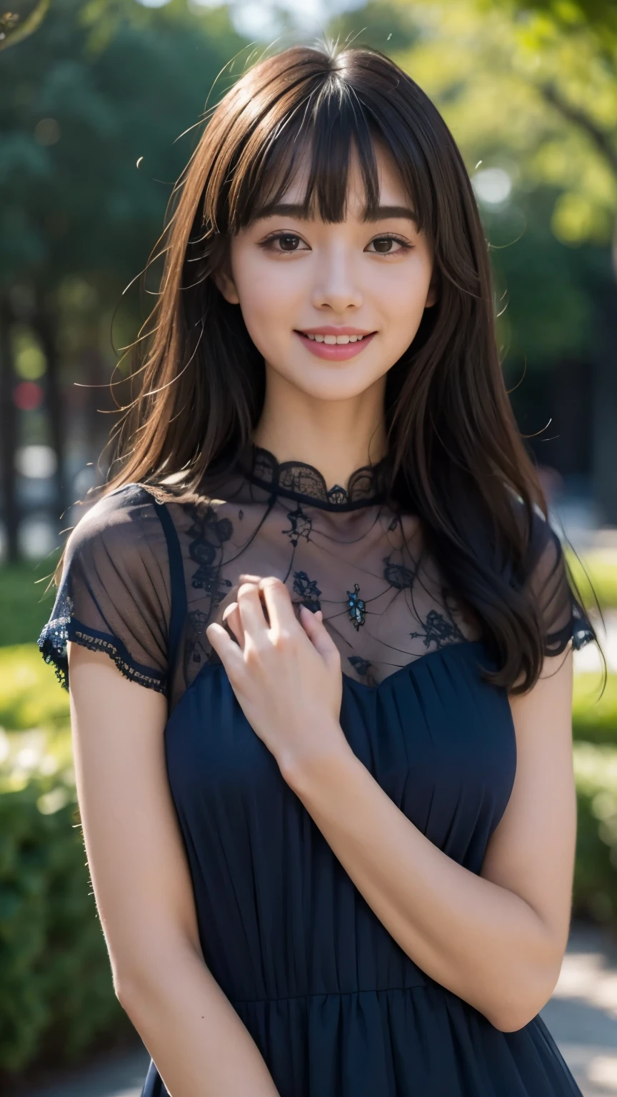 (highest quality,masterpiece:1.3,ultra high resolution),(Super detailed,caustics),(realistic:1.4,RAW shooting),(Vibrant color saturation),1 girl,20-year-old,flat bangs、smiling、Blurred background,Navy lace dress、light up、Princess-like、Noble