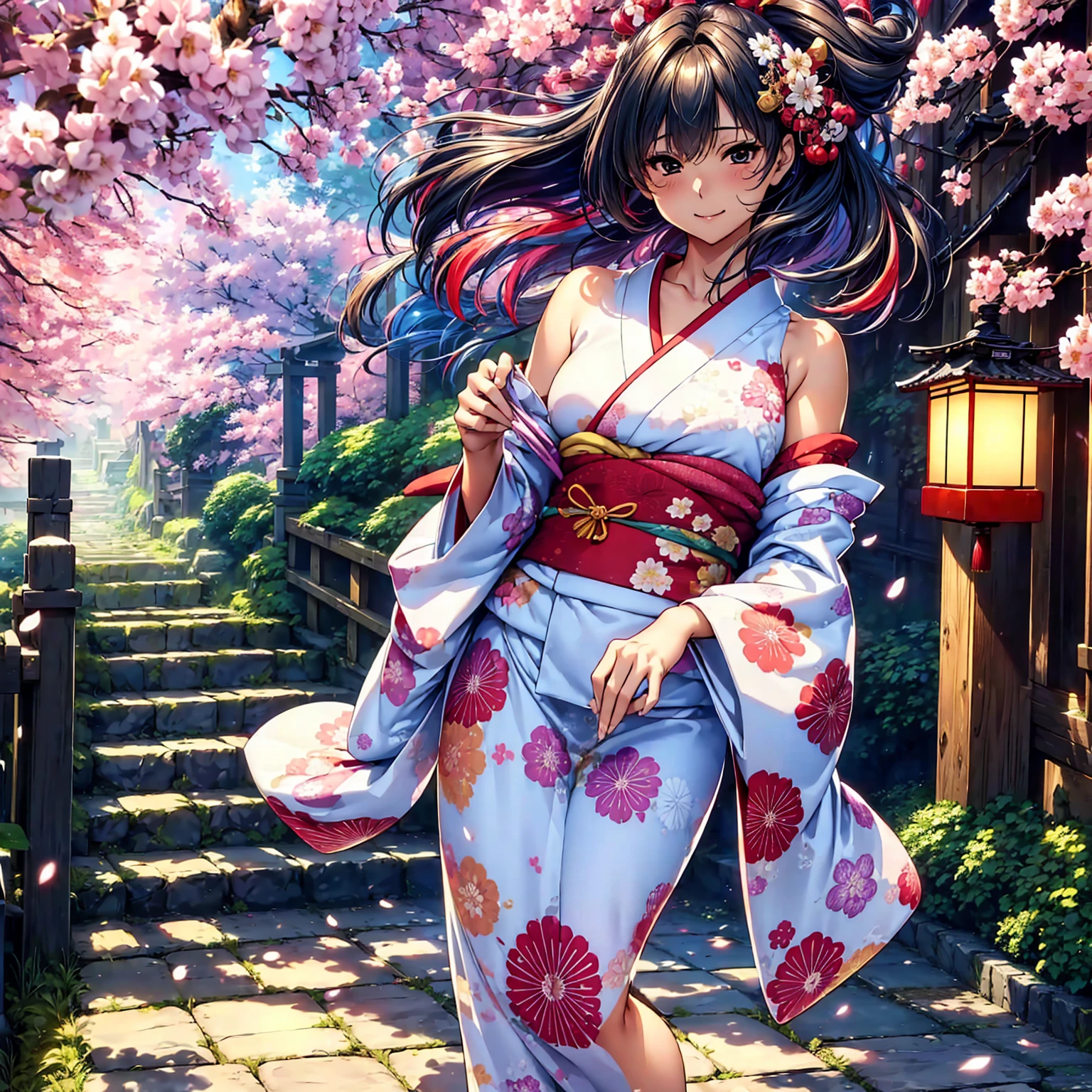 (((highest quality、masterpiece、very high resolution、High-definition images)))、Beauty Painting、realistic portrait、One strong-willed beautiful girl:18-year-old、beautiful body:Slender, beautiful breasts and beautiful legs、beautiful face:smile、eyes with strong will,beautiful hair:various hairstyles 、best skin and hair texture,realistic skin texture,realistic hair texture、(((japanese kimono:Colorful Japanese patterns:Shoulders and chest are exposed)))、Beautiful waterfront:lantern:Lantern:Wooden Japanese house、beautiful cherry blossoms、stone steps、beautiful sky、Natural light、beautiful scenery、model pose:Show off your swimsuit、beautiful pose:Show off your kimono、model shoot、Gravure photography、(((The wind is blowing))),accurate image:1.5、accurate anatomy:1.5、Image without defects、perfect image、Overall image、(Best Shot、Raw photo、photorealistic stick)