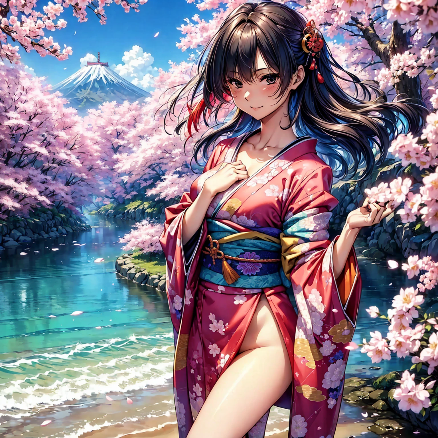 (((highest quality、masterpiece、very high resolution、High-definition images)))、Beauty Painting、realistic portrait、One strong-willed beautiful girl:18-year-old、beautiful body:Slender, beautiful breasts and beautiful legs、beautiful face:smile、eyes with strong will,beautiful hair:various hairstyles 、best skin and hair texture,realistic skin texture,realistic hair texture、(((japanese kimono:Colorful Japanese patterns:Shoulders and chest are exposed)))、Beautiful waterfront:lantern:Lantern:Wooden Japanese house、beautiful cherry blossoms、stone steps、beautiful sky、Natural light、beautiful scenery、model pose:Show off your swimsuit、beautiful pose:Show off your kimono、model shoot、Gravure photography、(((The wind is blowing))),accurate image:1.5、accurate ???????:1.5、Image without defects、perfect image、Overall image、(Best Shot、Raw photo、photorealistic stick)