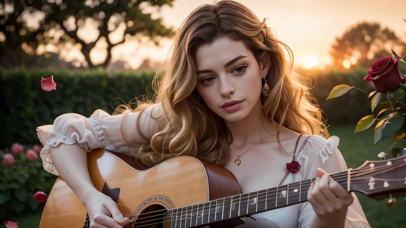 ((best quality)), ((masterpiece)),(detail), perfect face, medium shot of Anne Hathaway playing guitar in the middle of a blooming rose garden, rose petals flying across the sky, woman wearing a silk dress, woman woman with blonde and curly hair, beautiful long curly hair, with setting sun, romantic style, retro vintage and romanticism, blurred background image, sunset light, golden sunshine, roses, very lots of flying flower petals, rose petals stuck in hair, warm orange background color, subject takes up 1/3 of the frame, hyper-realistic photos, 8k, ultra high resolution, sharp faces