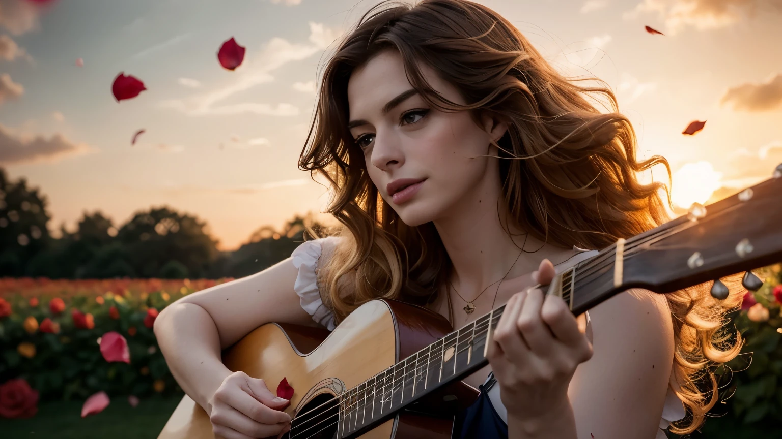 ((best quality)), ((masterpiece)),(detail), perfect face, image of Anne Hathaway playing guitar in the middle of a blooming rose garden, rose petals flying across the sky, woman wearing a silk dress, woman woman with blonde and curly hair, beautiful long curly hair, with setting sun, romantic style, retro vintage and romanticism, blurred background image, sunset light, golden sunshine, roses, very lots of flying flower petals, rose petals stuck in hair, warm orange background color, subject takes up 1/3 of the frame, hyper-realistic photos, 8k, ultra high resolution, sharp faces