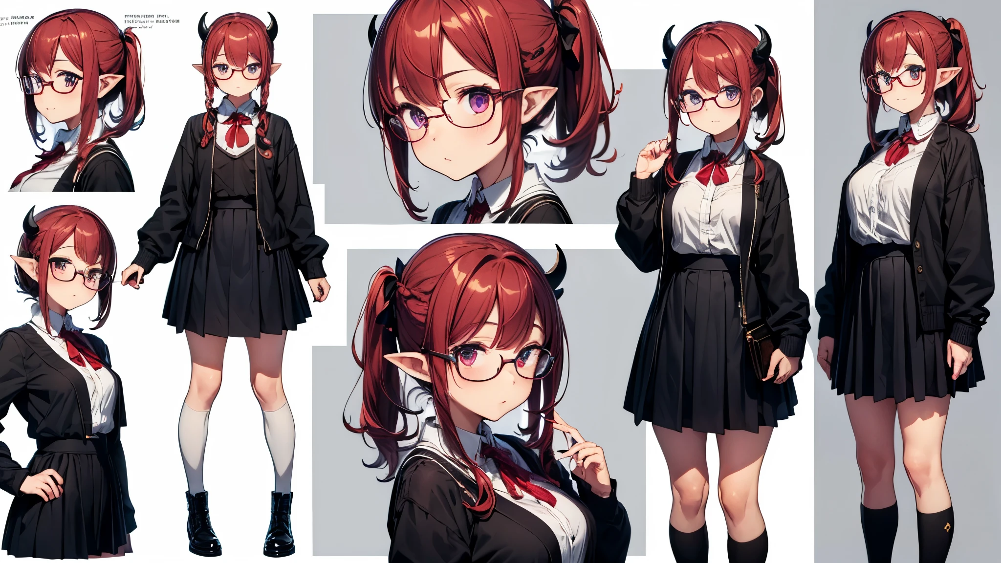 (Masterpiece, best quality), detailed, character sheet, many items (the same person, medieval royal clothes, magic academy uniform, blouse, skirt, glasses, reading glasses, white boots, many parts), athletic, busty, demon, demon girl, detailed beautiful purple eyes, detailed face, pointy ears, red hair and white skin, braided ponytail, demon horns, full of details.