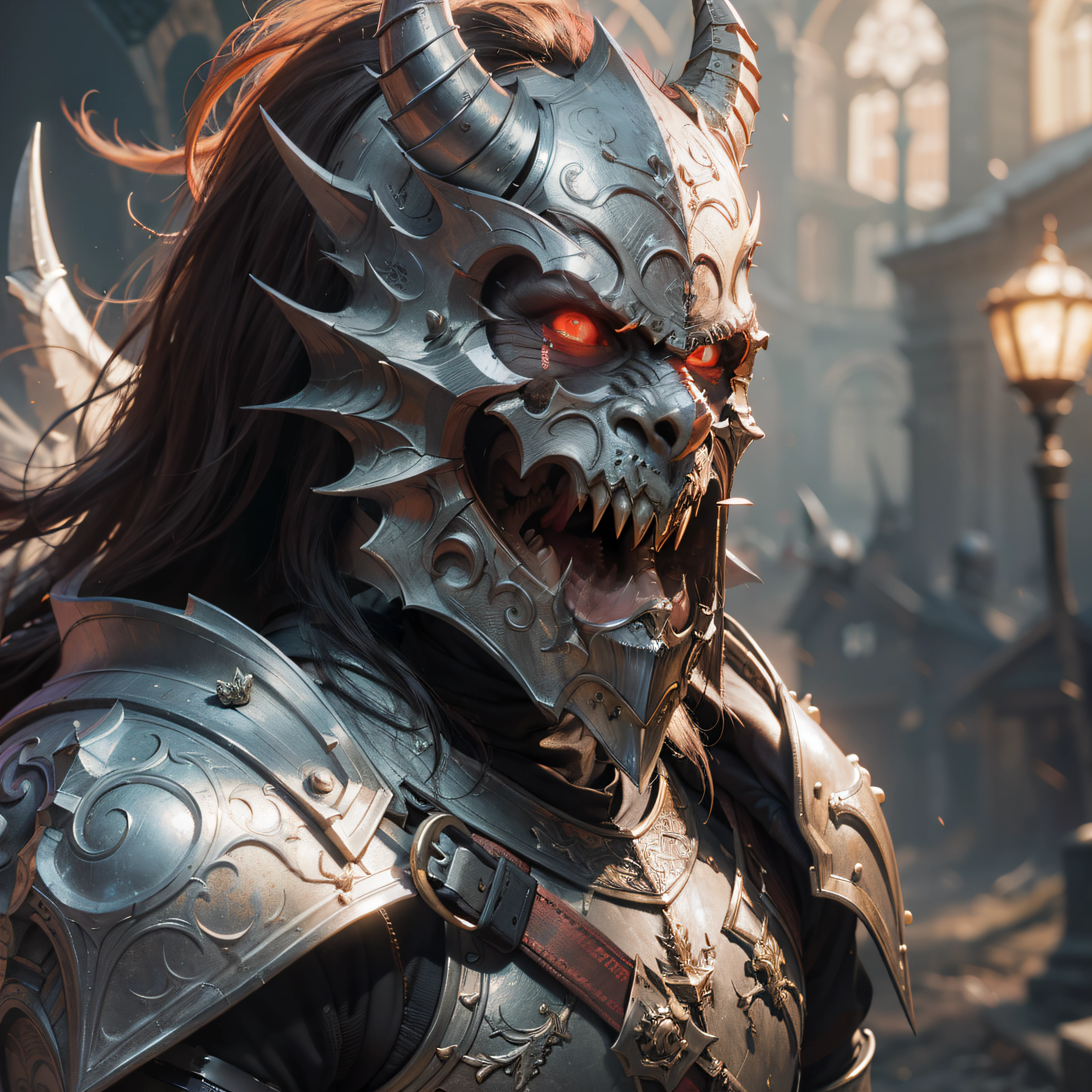 There's a close-up of a demonic man in armor, berserker potrait, Bad guy in armor, Evil Knight, 4Kfantasy art, demon berserker, undead knight, fantasy art, Written by Arthur Pan, unreal engine fantasy art, Written by Tadeusz Pruszkowski, berserker, d&art station trends