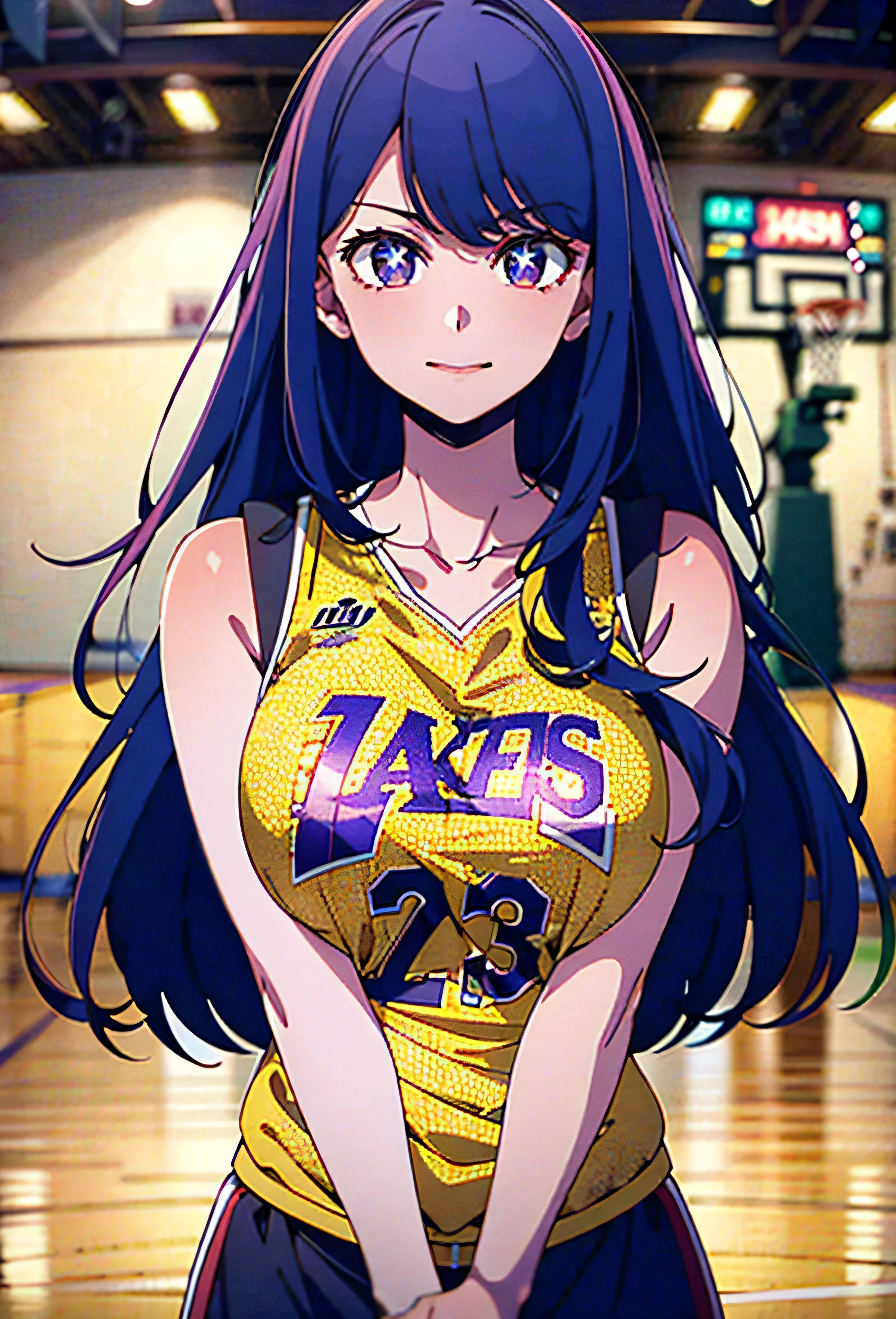 (best quality,photorealistic),long purple hair,big breast,in Lakers jersey,basketball court background,star in eye,girl, yellow colour jersey , ((8k, 4k, high resolution, very high resolution, ultra hd, ultra hd quality ))),  soft focus 