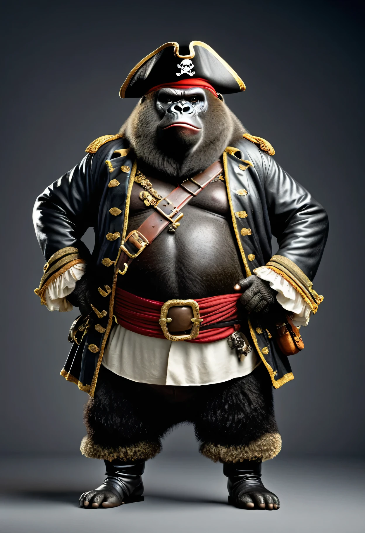 photorealistic portrait of Dressed animals - a ((fat)) gorilla pirate,(hands on hips:1.2),(), high quality,(lovely) ,intricate details, highly detailed (( pirate costume)), wearing pirate hat and boots , highly detailed pirate equipment , (happy), studio lighting,(flurry),(simple background)