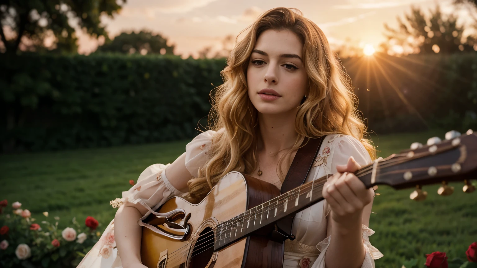 ((best quality)), ((masterpiece)),(detail), perfect face, a photo medium scene of Anne Hathaway playing guitar in the middle of a blooming rose garden, rose petals flying across the sky, woman wearing a silk dress, woman woman with blonde and curly hair, beautiful long curly hair, with setting sun, romantic style, retro vintage and romanticism, blurred background image, sunset light, golden sunshine, roses, very lots of flying flower petals, rose petals stuck in hair, warm orange background color, hyper-realistic photos, 8k, ultra high resolution, sharp faces