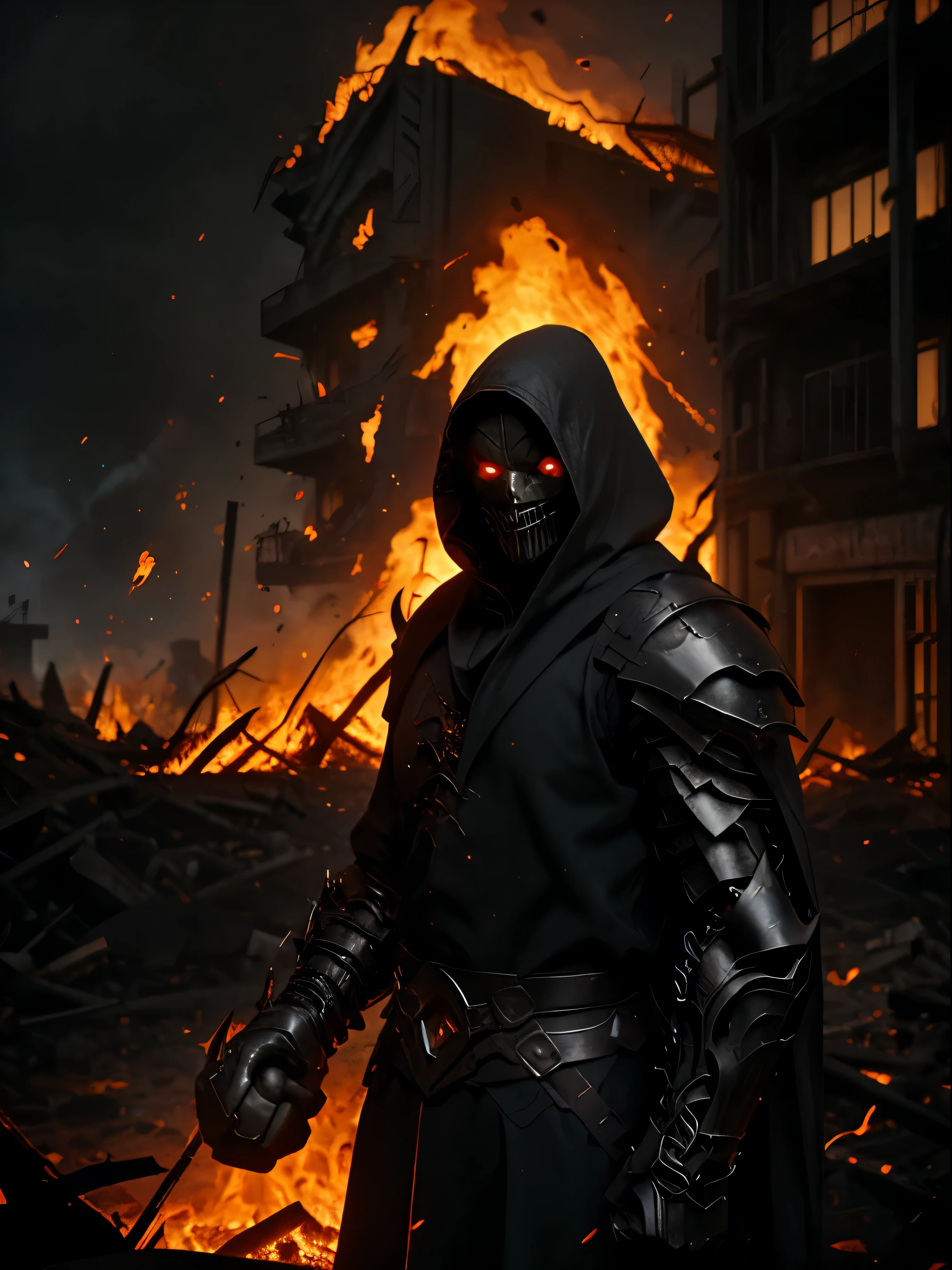 homem forte, macho musculoso, fogo-man, marks and symbols on the body, cabelos longos e finos, Capuz preto, espada banshee gigante, escuro, almas, demonic gloves, armadura de penas, armadura de banshee, demon, fogo, infernoish horse of fogo and lava, olhos vermelhos . , Olhos azuis brilhantes, inferno, apocalyptic, fim do mundo, lado escuro, ruin, guerra, Darksiders, ERA (Darksiders), obra de arte, guerrarior, envoy from inferno, Cavaleiro do Apocalipse, morte, sangue, undoing, fome, lutar , fury, cidade devastada, ruined buildings, Destroyed streets, poverty and particles in the air.