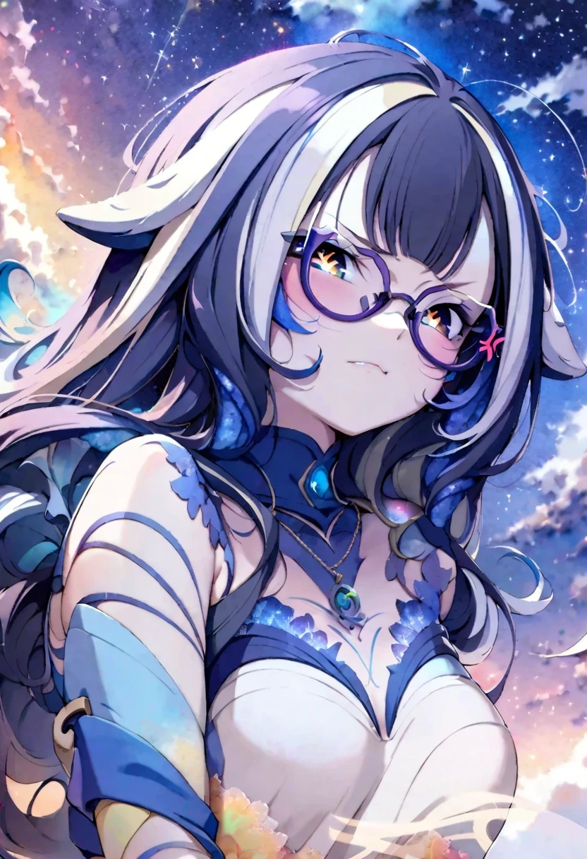 ((shylily)),(masterpiece:1.2),(best quality:1.2),(masterpiece ,、maximum quality、maximum quality、watercolor art(pendant)、Official Art、Beautiful and aesthetic:1.2)、(1Girl:1.3)、(s fractal art:1.3)、s whole body、star-shaped pupils,、pattern、((Iridescent hair、colorful hair))、aqua、liquid、clouds、Colorful、starry night、Star、Angry face、Glasses、Write、heterochromia, (Colorful:1.5)、galaxies、Looking up at the stars、anger