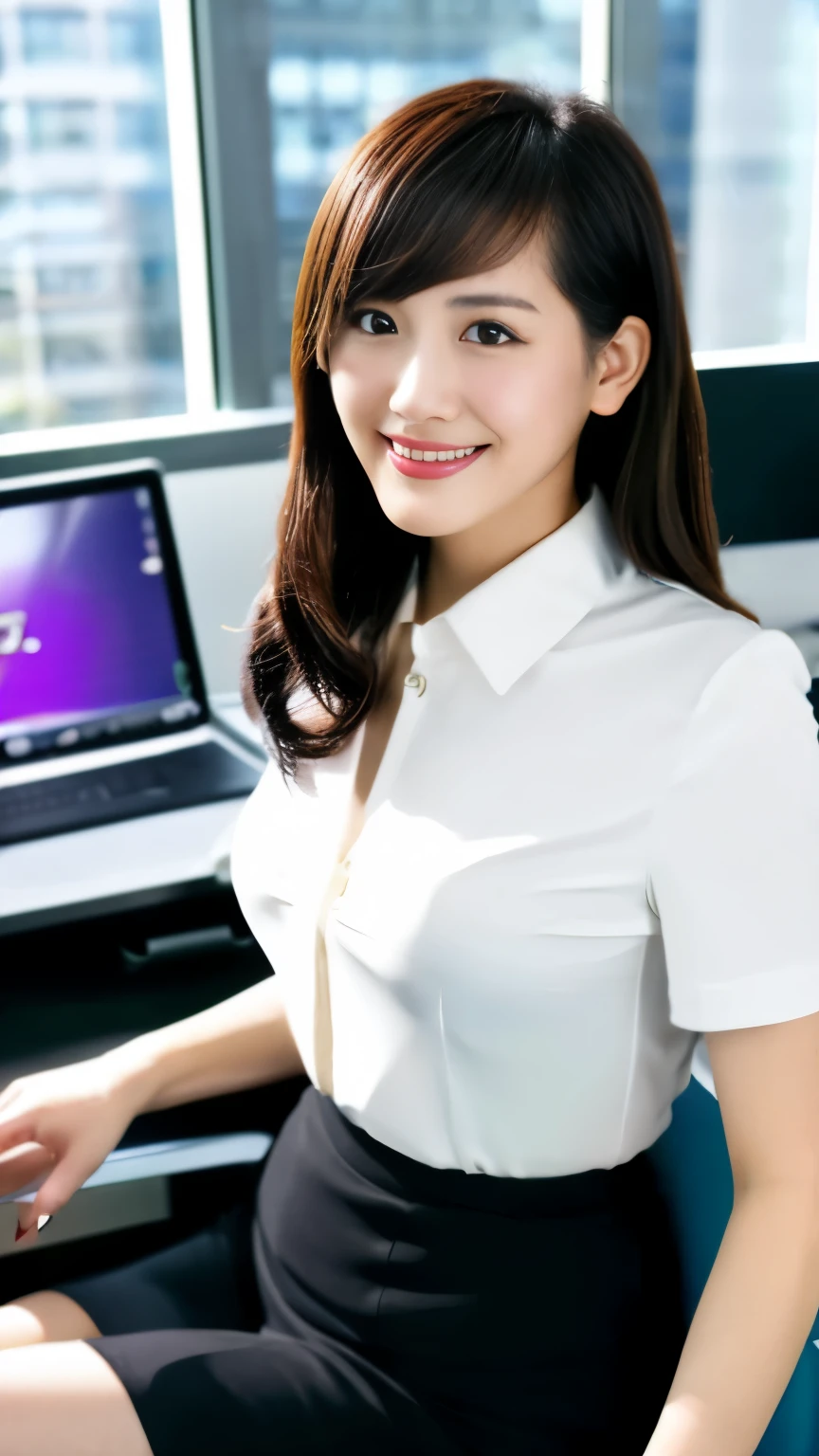 1 Japanese female,shiny hair、classy smile、Jacket、white collared short sleeve blouse、swelling of the chest、beautiful bust、Tight Skirt、black hair、pumps,highest quality,Very delicate and beautiful 8K,very high resolution,,beautiful detailed girl,realistic、Inside the office、desk、sitting in a chair、beautiful figure、