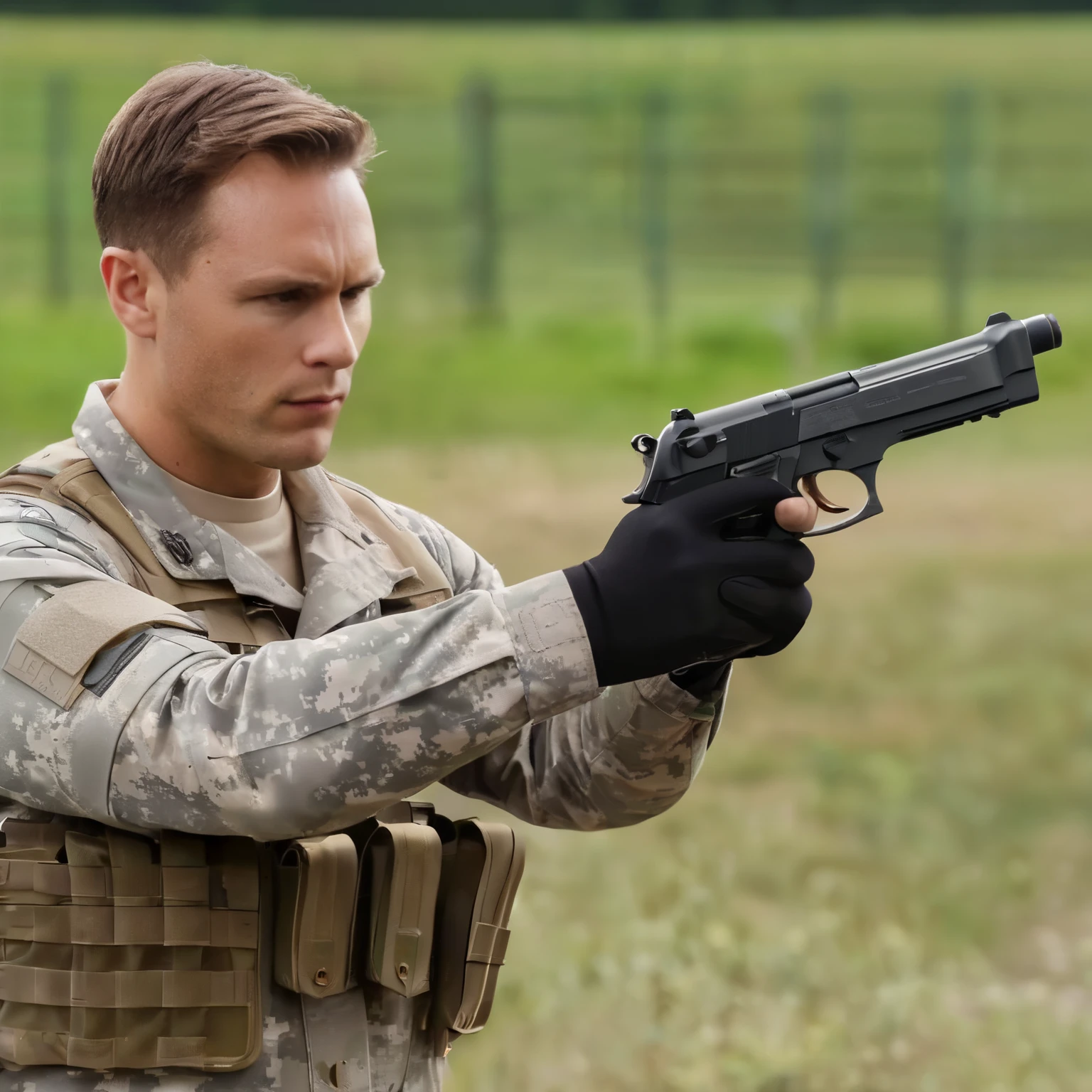 Cinematic stills of the Beretta 92FS、Perfect hands of a US Army soldier male holding a gun,full body figure,