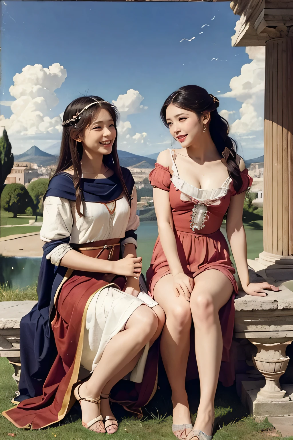 full body portrait or statue、Giorgione painting style,Arguments of two female Philosophe,math、astronomical machine、astronaut、roses in vase、fruits、Cute trinkets、smile、ancient greek costume、Ancient Roman landscape in the style of Nicolas Poussin,laughter,,Sweet and seductive appearance.、Caravaggio's paintings、Chiaroscuro of Caravaggio、hair tousled by the wind,Two women frolicking,cute smile, expression of ecstasy,Sexy,erotic