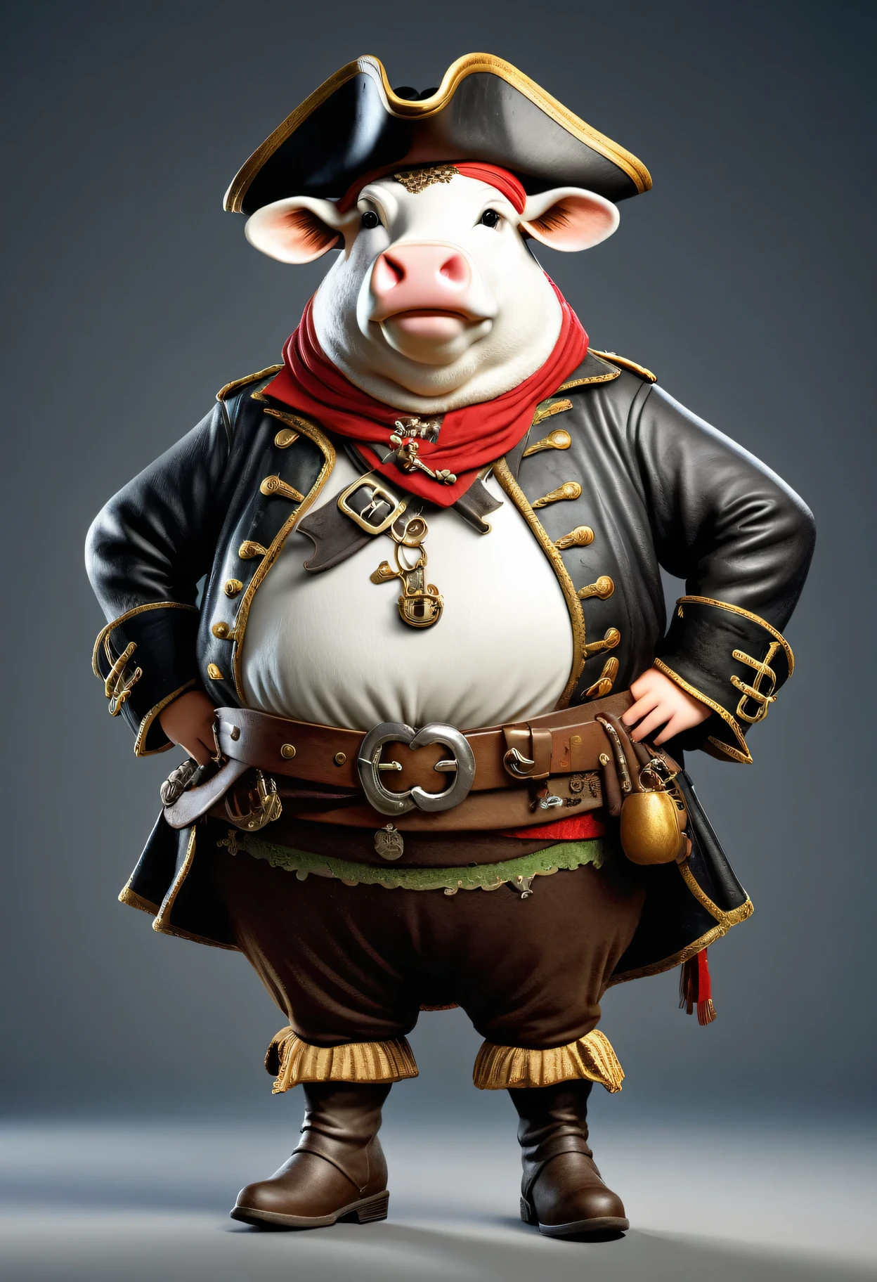photorealistic portrait of Dressed animals - a ((fat)) cow pirate,(hands on hips:1.2),(), high quality,(lovely) ,intricate details, highly detailed (( pirate costume)), wearing pirate hat and boots , highly detailed pirate equipment , (happy), studio lighting,(flurry),(simple background)