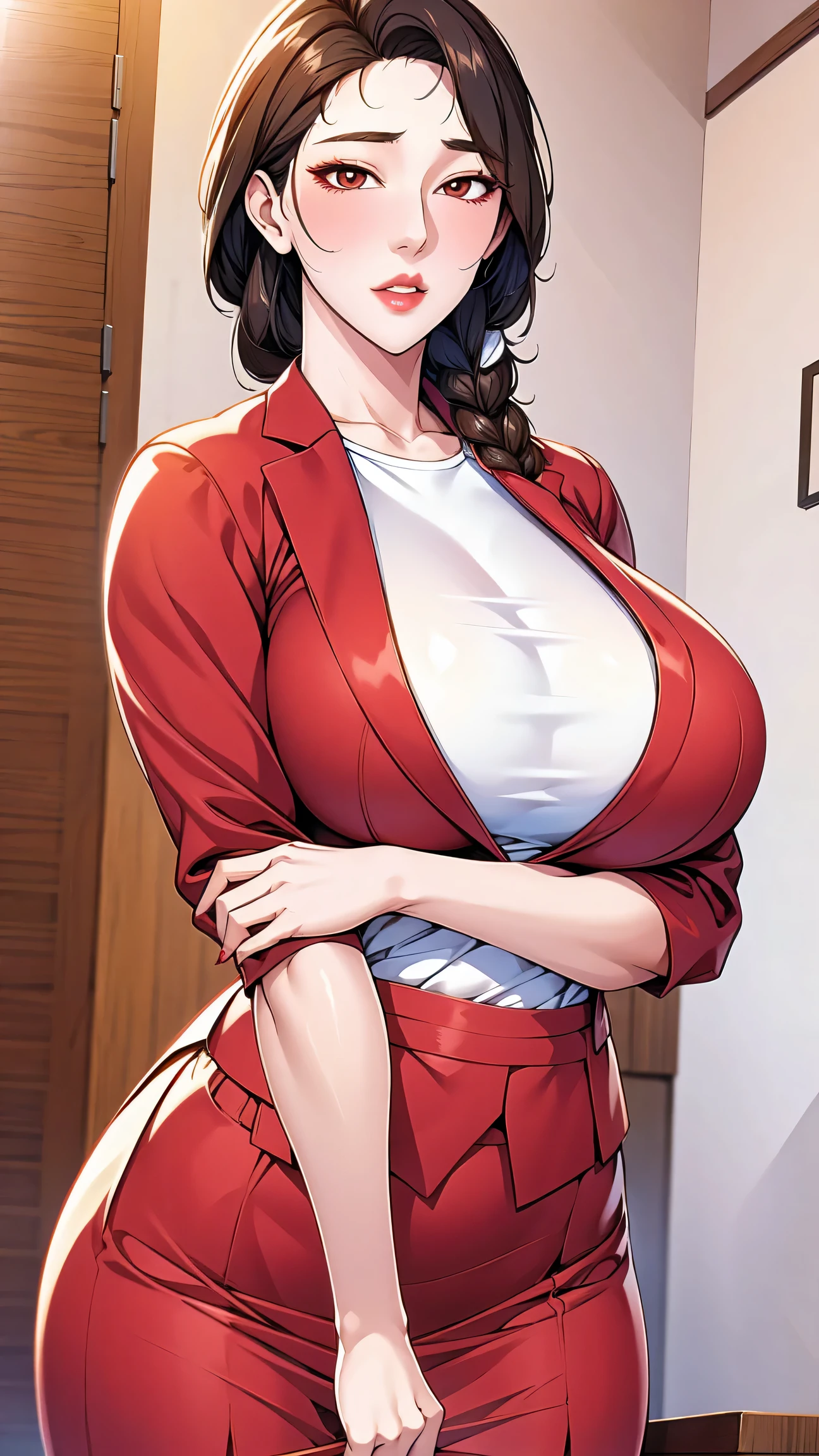 Cho mikyung,in a red suit, medium size breasts,skirt, white shirt, high quality,4k,