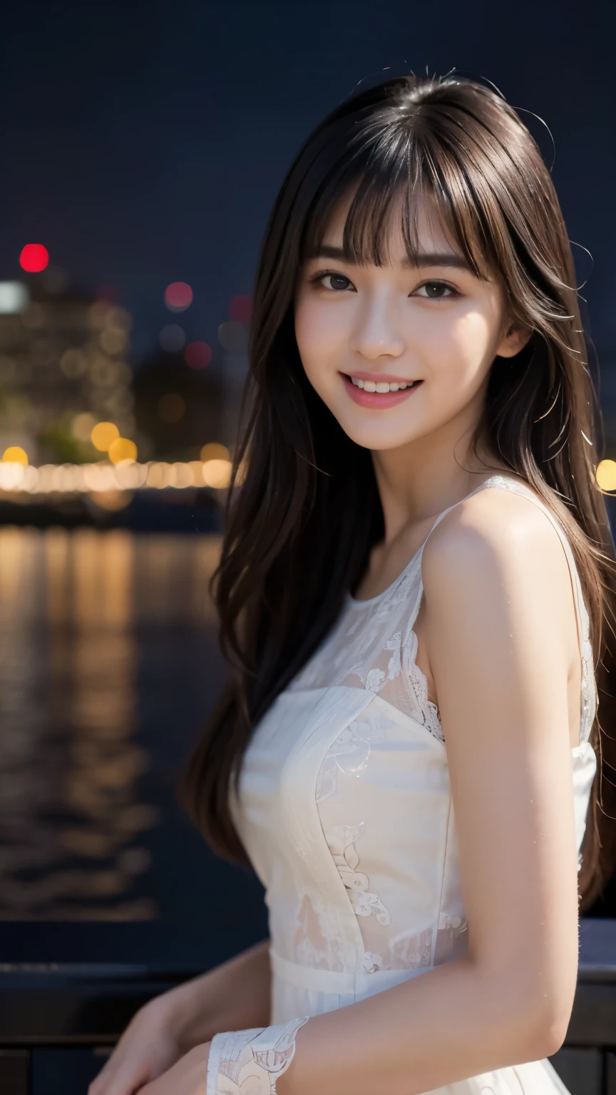 (highest quality,masterpiece:1.3,ultra high resolution),(Super detailed,caustics),(realistic:1.4,RAW shooting),(Vibrant color saturation),1 girl,20-year-old,flat bangs、smiling、Blurred background,White and navy lace dress、night view、Princess-like、Noble