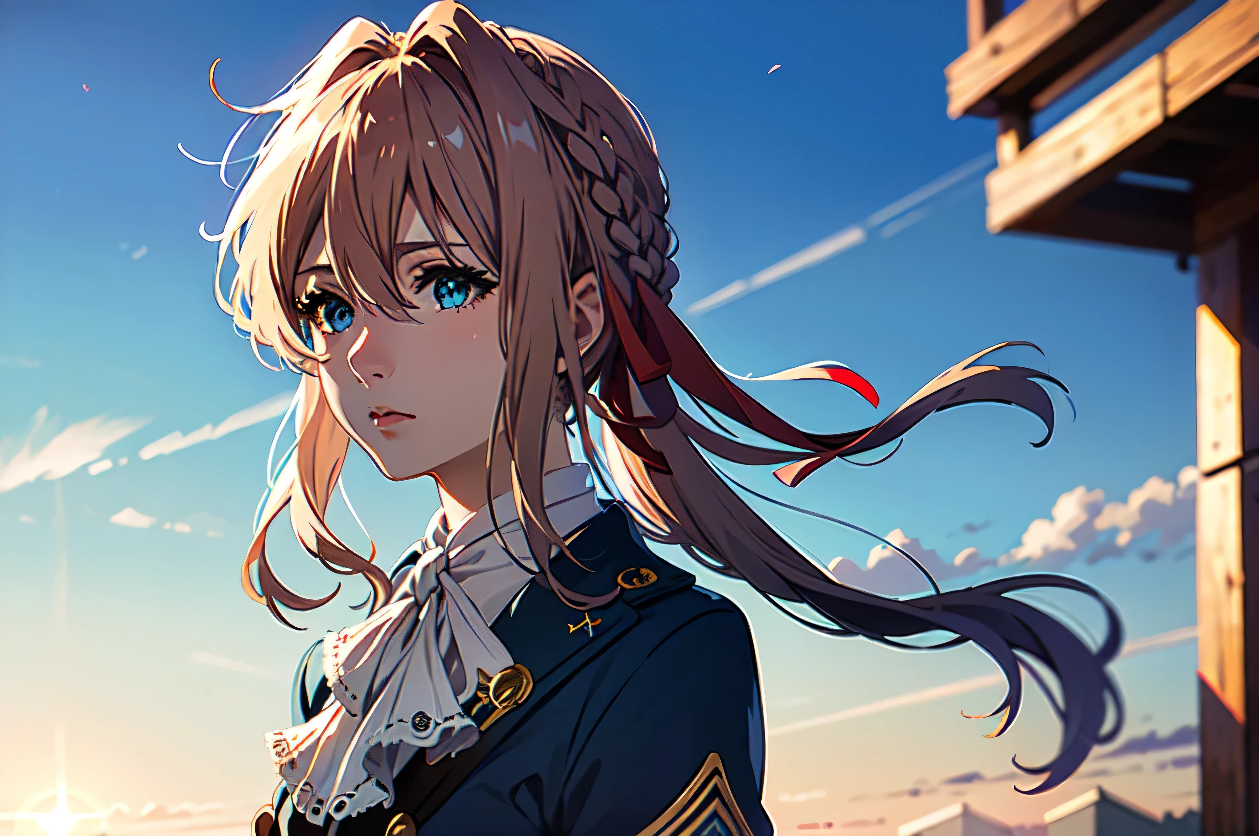 violet, 1girl, solo, looking at viewer, blue eyes, blonde hair, ribbon, hair between eyes, jewelry, closed mouth, jacket, hair ribbon, upper body, braid, outdoors, sky, day, cloud, blurry, red ribbon, blue sky, ascot, blurry background, hair intakes, blue jacket, brooch, white ascot, masterpiece, anime,