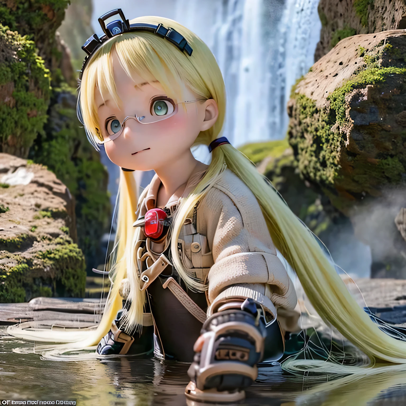 (best quality,ultra-detailed,realistic),anime style,Lyza,Riko,Made in Abyss,detailed eyes,detailed lips,illustration,beautiful background,natural lighting,vivid colors,sharp focus,adventurous scene,waterfall,hot spring,steamy atmosphere,deep cave,black rim run