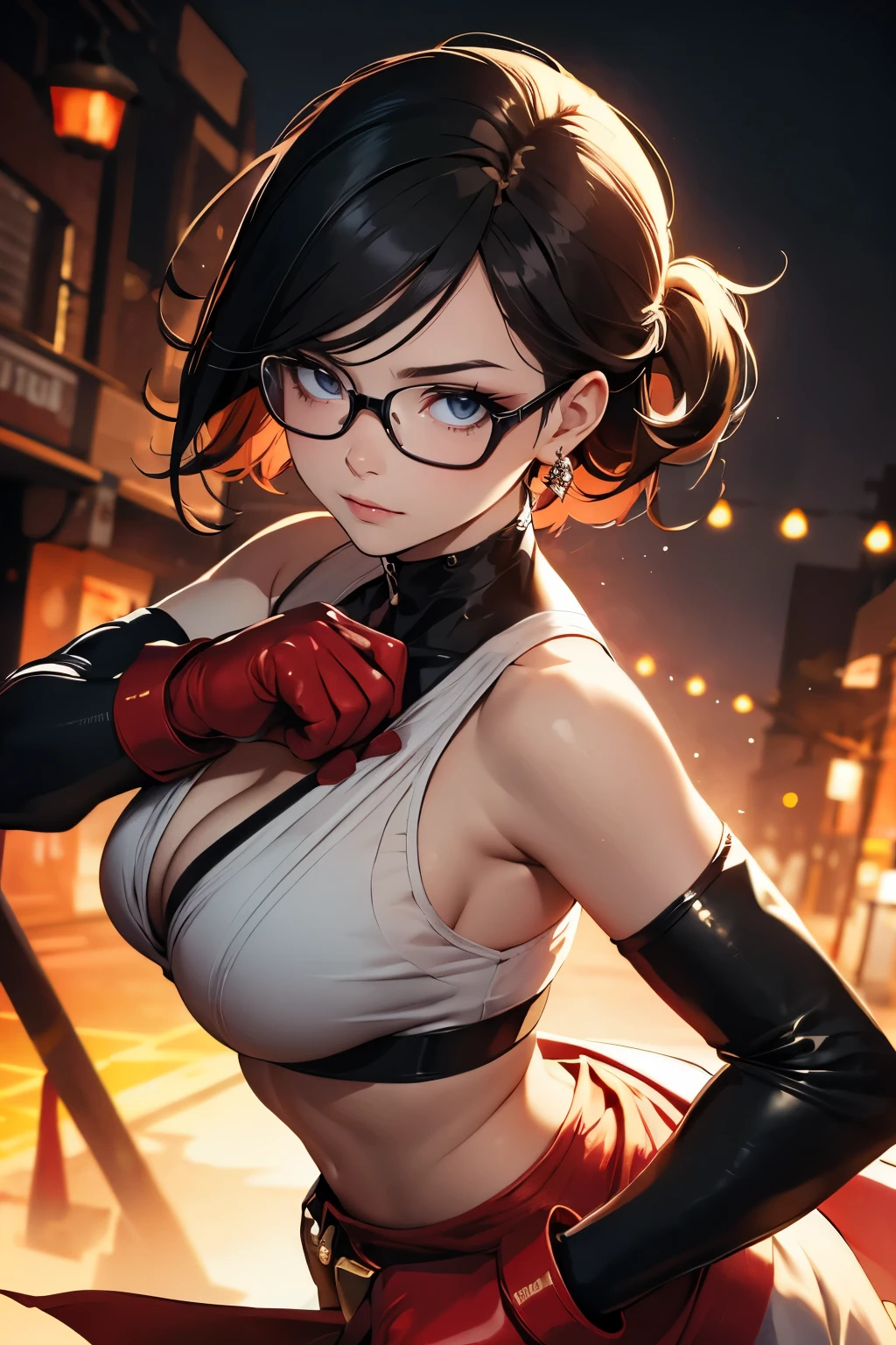 Wide angle shot, beautiful female street fighter, wearing large glasses, black undercut hair, wearing large iron gloves