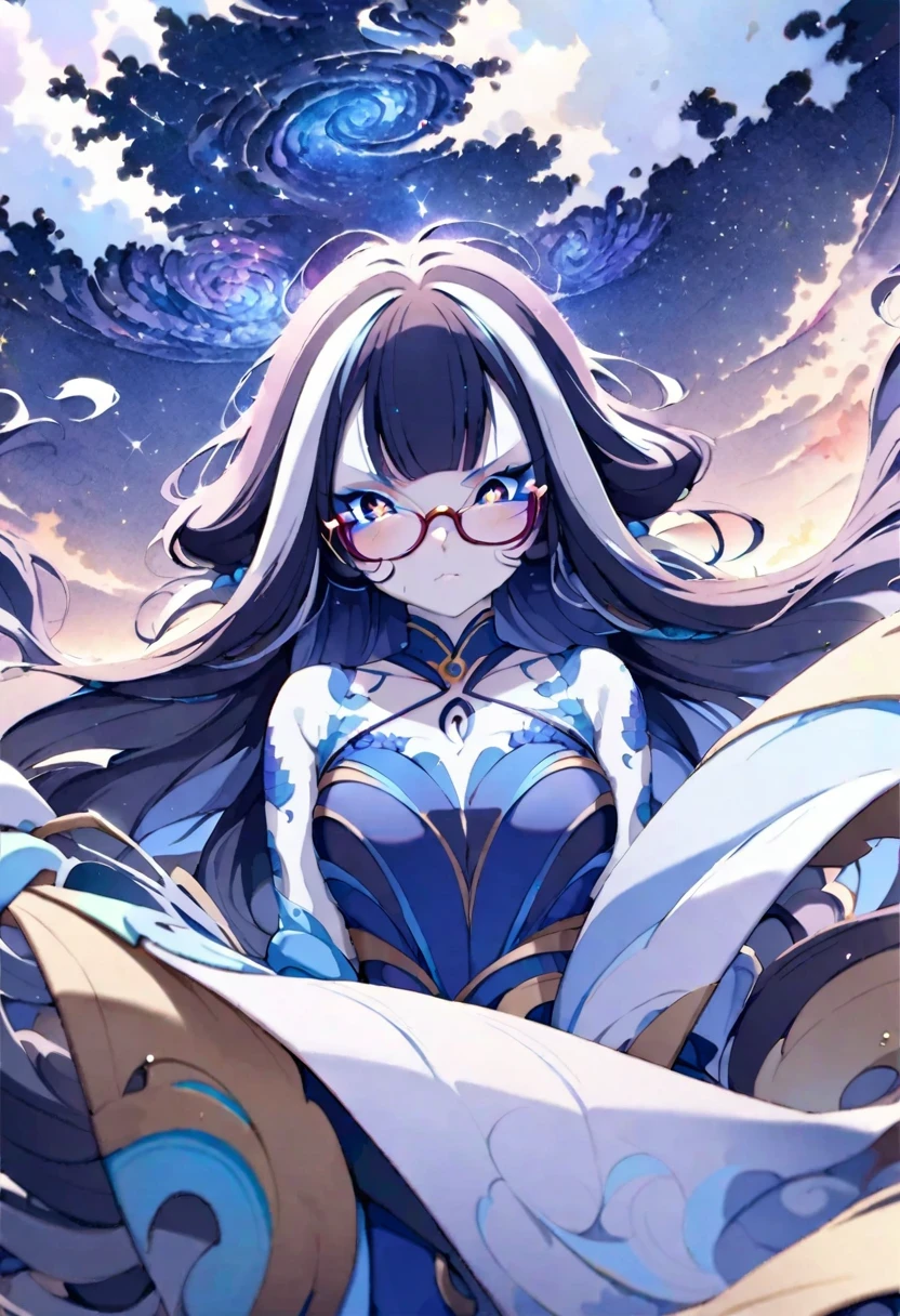 ((shylily)),(masterpiece:1.2),(best quality:1.2),(masterpiece ,、maximum quality、maximum quality、watercolor art(pendant)、Official Art、Beautiful and aesthetic:1.2)、(1Girl:1.3)、(s fractal art:1.3)、s whole body、star-shaped pupils,、pattern、((Iridescent hair、colorful hair))、aqua、liquid、clouds、Colorful、starry night、Star、Angry face、Glasses、Write、heterochromia, (Colorful:1.5)、galaxies、Looking up at the stars、anger