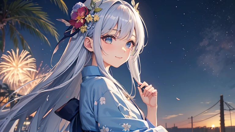 ２０old woman, Very delicate and beautiful eyes,smile、 silver hair, long hair, bangs, flower hair ornament、very detailed, cg, movie lighting, detailed background,perfect hands, perfect anatomy、 (beautiful beautiful:1.2)、Light blue colorful day々Wearing a grass yukata、night、night空にはたくさんの花火が打ち上げられます、colorful fireworks、Looking up at the fireworks、Landscape painting、fantastic scenery、Rear view