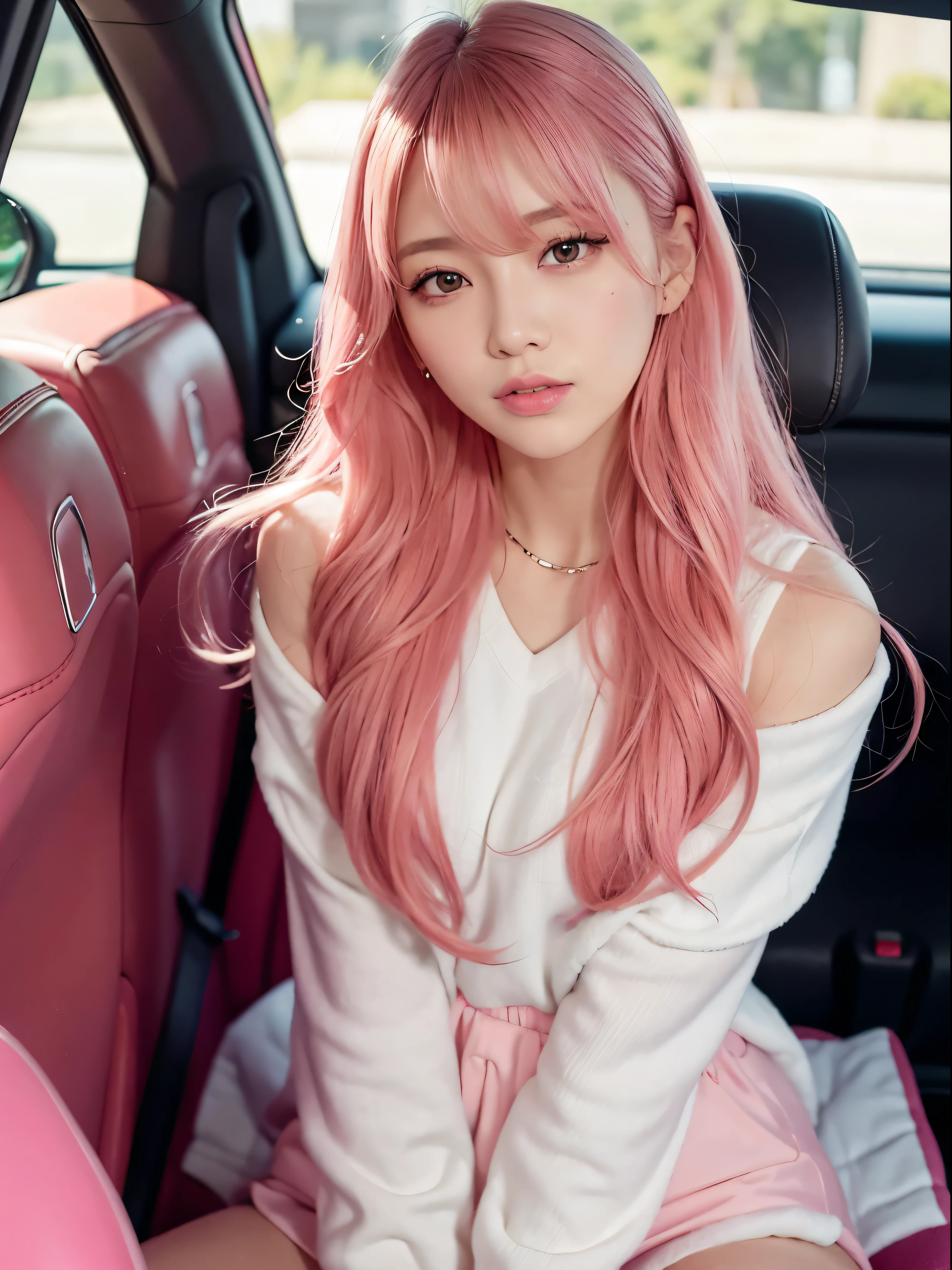 A fifty-year-old man wearing shiny pink clothes sitting in a car seat, blackpink larisa manoban, blackpink jossi portrait, Belle Delphine, Larisa Manobar, pink haired, Lostrun 8k, Roseanne Park from Blackpink, Long flowing pink hair, Portraits of Korean female idols, smooth pink skin, Inspired by Yanjun Chen