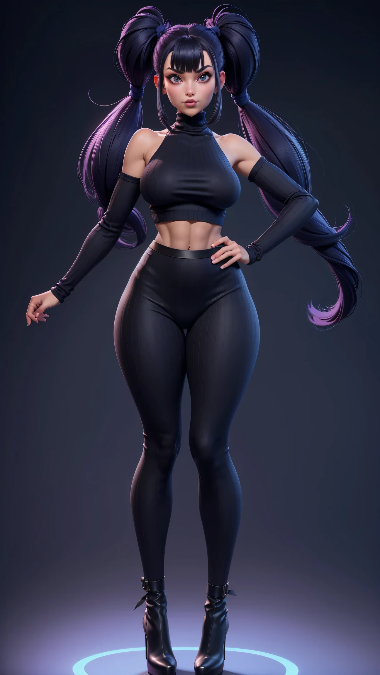 Juri Han de Street Fighter,  gros seins, grande largeur, Largeur gigantesque, ABS, seulement, cheveux longs, crop top noir, regardant le spectateur, fond bleu, cheveux noirs avec des rares meches violettes dans les cheveux noirs, fond simple, two side up, turtleneck, yeux bleus, minora, mouth closed, ruban, Hair tape, frange, turtleneck sweater, Haut du corps, separated bangs, ruban ????, ribbed sweater, Twintails, nez, full body view, tall, tall, long legs, long legs