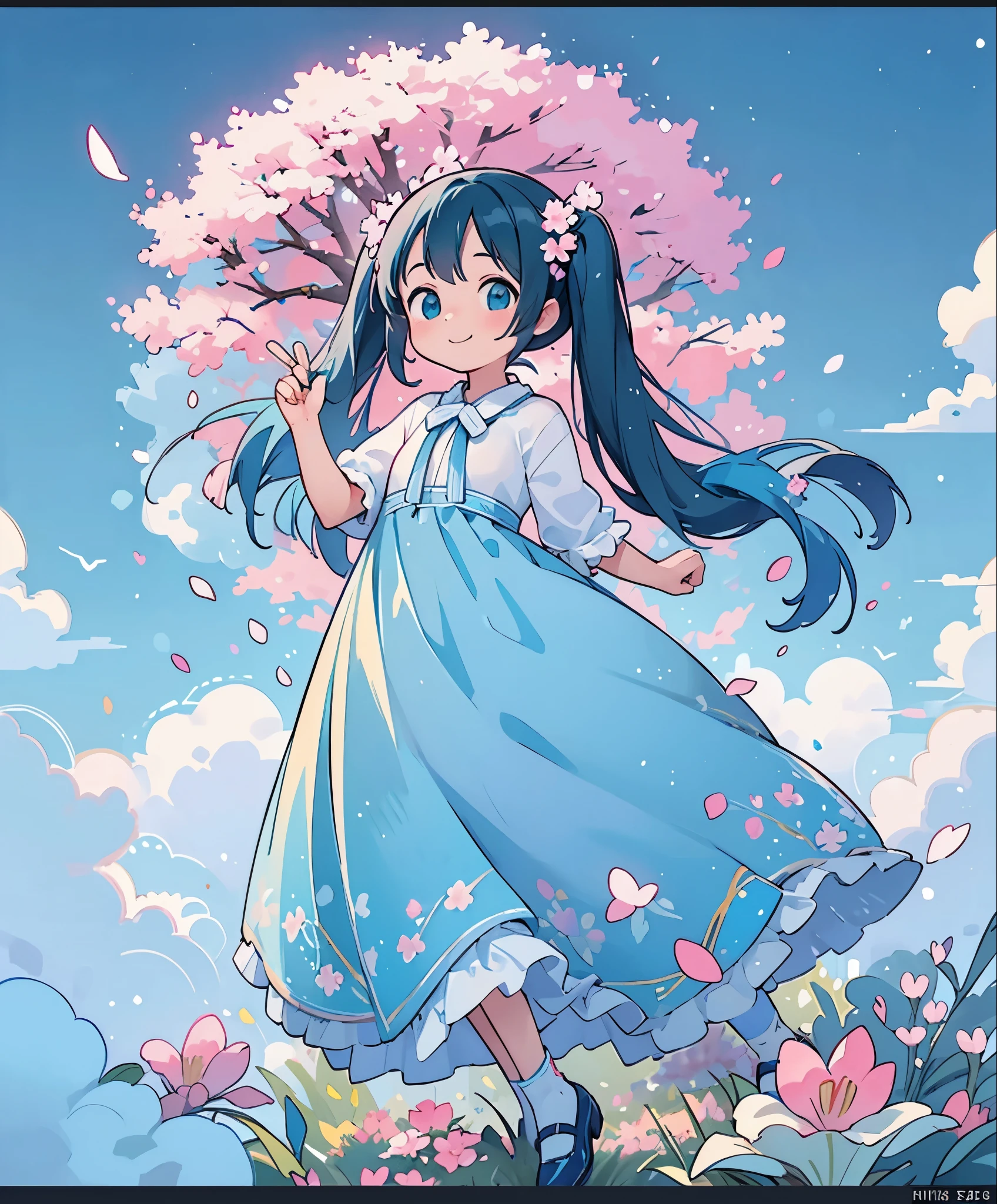 (masterpiece、highest quality、highest quality、official art、beautiful beautiful:1.2)、(1 girl:1.3)Hatsune Miku、twin tails,big breasts,(High resolution、Super detailed、nffsw、movie)、one girl、Cherry Blossom Gardenに立つ女の子、Girl around the petals、adorable smile、looking at camera、Full body Esbian、Girl with long blue hair、twin tailsの髪型、look at the camera、fantasy、cute dress、highly detailed face、highly detailed eyes、Cherry Blossom Garden、Cherry blossom petal splash art、Ultra Detailed Fields、Beautiful white starry sky、aurora、Light blue、blanche、Nebula in the sky、watercolor painting、pastel colour