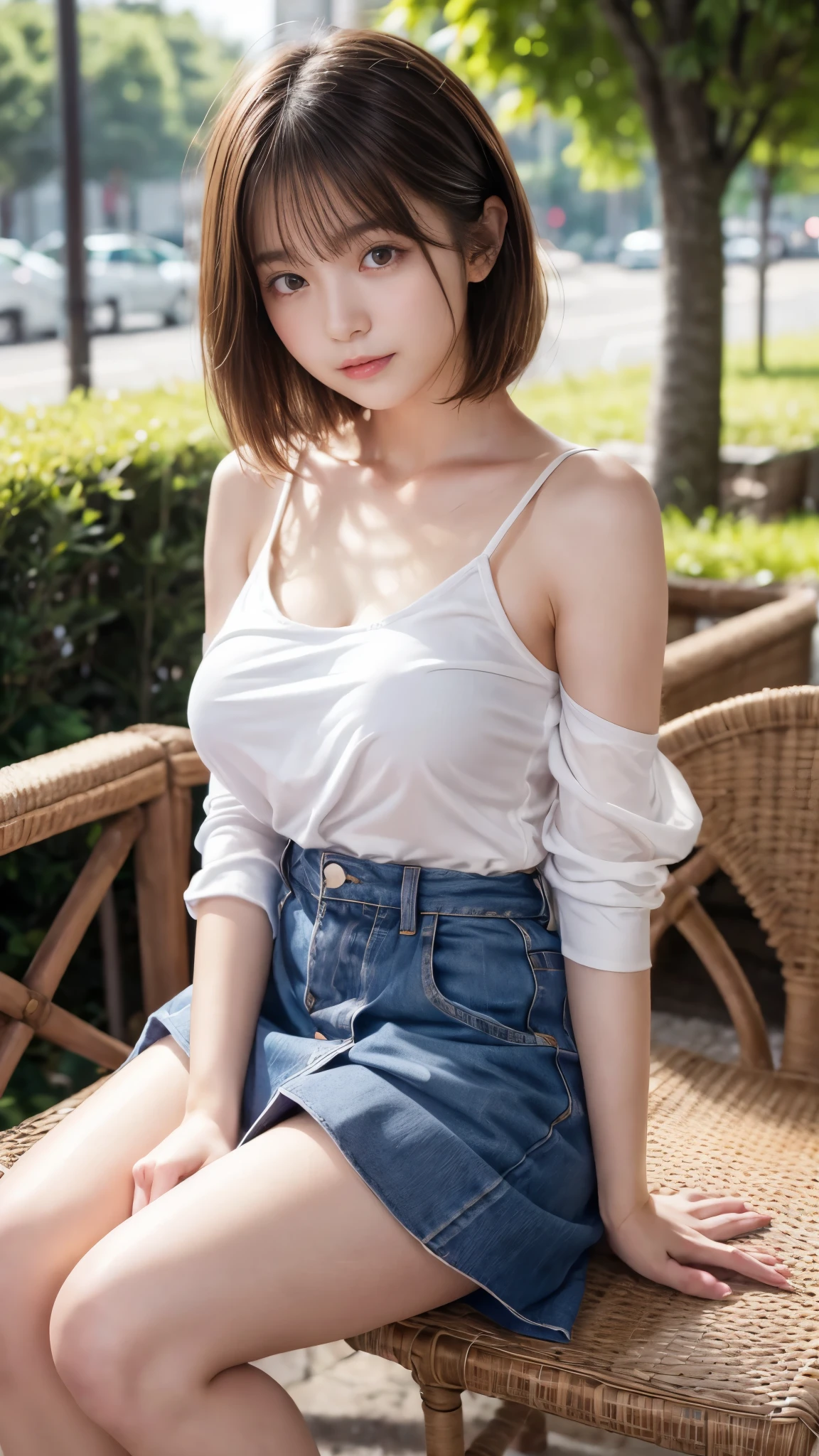 8k，highest quality、Caucasian  girl、background blur、Super high quality、sunlight、Bare upper chest、Bare shoulders、Fair-skinned beautiful girl、disheveled bob hair、small breasts、A fleeting look、clear outline、Mature atmosphere、high definition skin、Fair and beautiful thighs、small butt、Her skirt is rolled up, exposing her bare legs.、well-proportioned face、dog-like posture