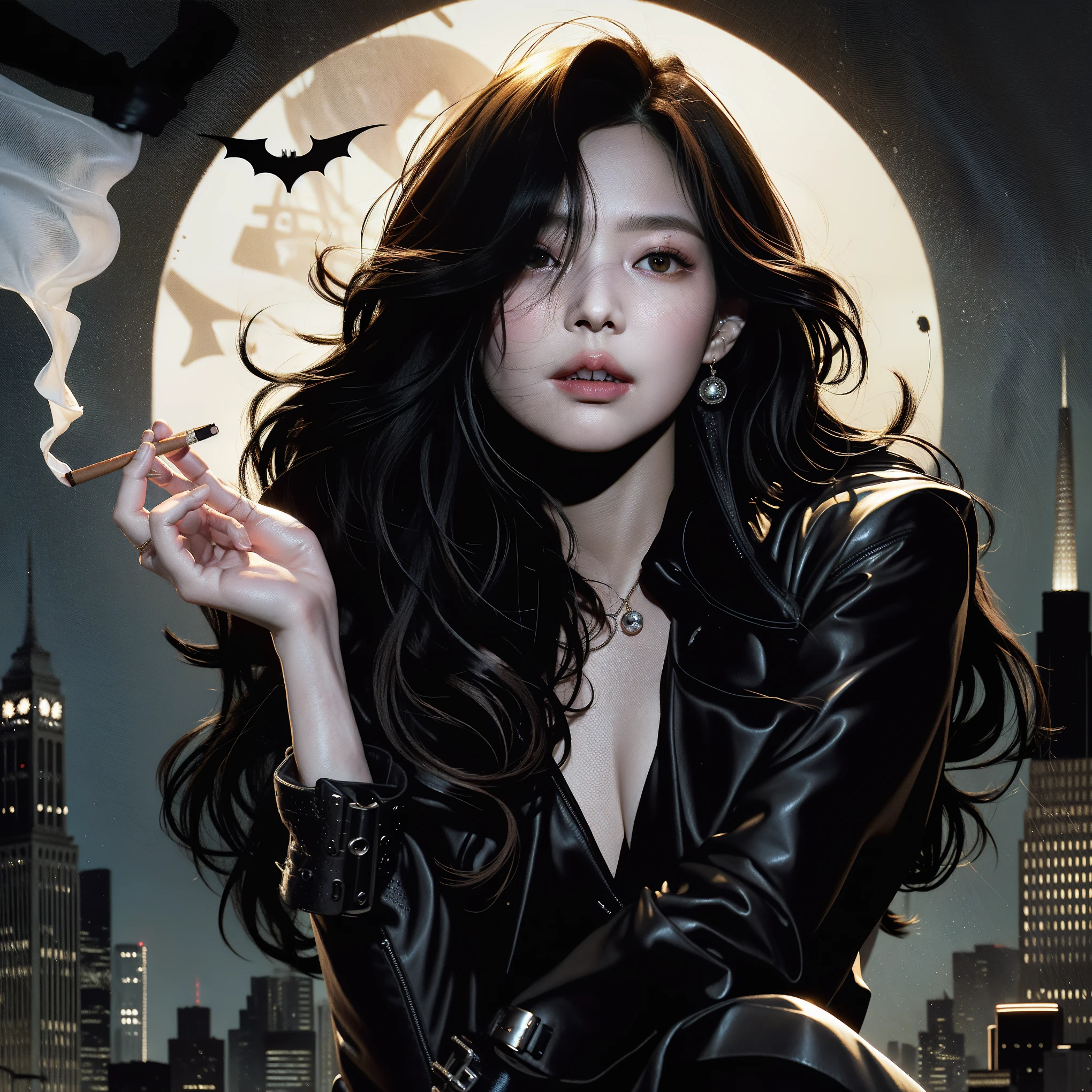 un primer plano de una mujer con un cigarrillo en la mano, in estilo de charlie bowater, estilo de charlie bowater, adam hughes, estilo ciudad gotham, gothic city streets behind her, charlie bowater art style, noche en la ciudad de gotham, in the style germen de arte, by Eddie Mendoza, Chris Moore. germen de arte