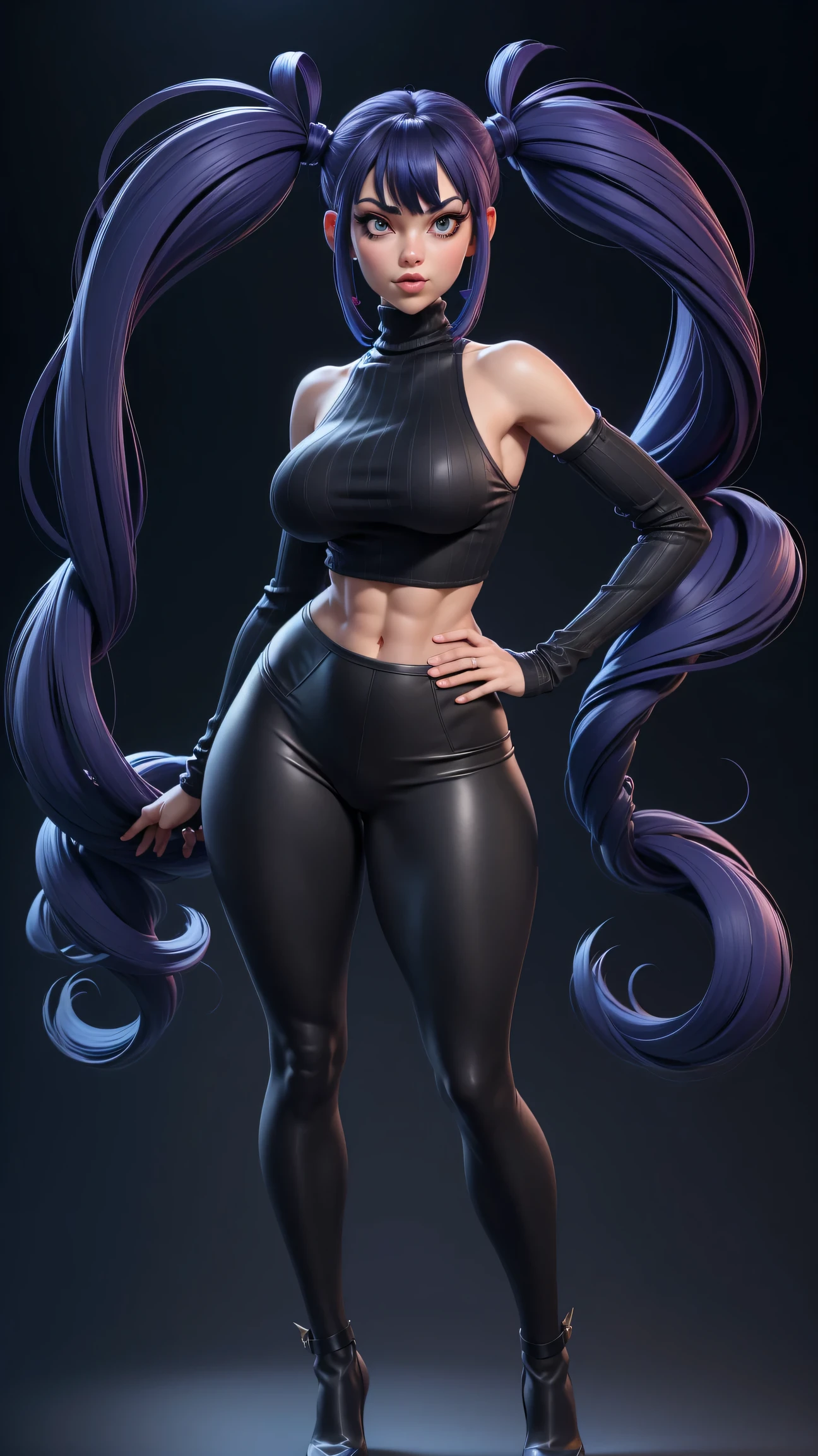 Juri Han de Street Fighter, gros seins, grande largeur, Largeur gigantesque, ABS, seulement, cheveux longs, crop top noir, regardant le spectateur, fond bleu, cheveux noirs avec des rares meches violettes dans les cheveux noirs, fond simple, two side up, turtleneck, yeux bleus, minora, mouth closed, ruban, Hair tape, frange, turtleneck sweater, Haut du corps, separated bangs, ruban noir, ribbed sweater, Twintails, nez, full body view, tall, tall, long legs, long legs