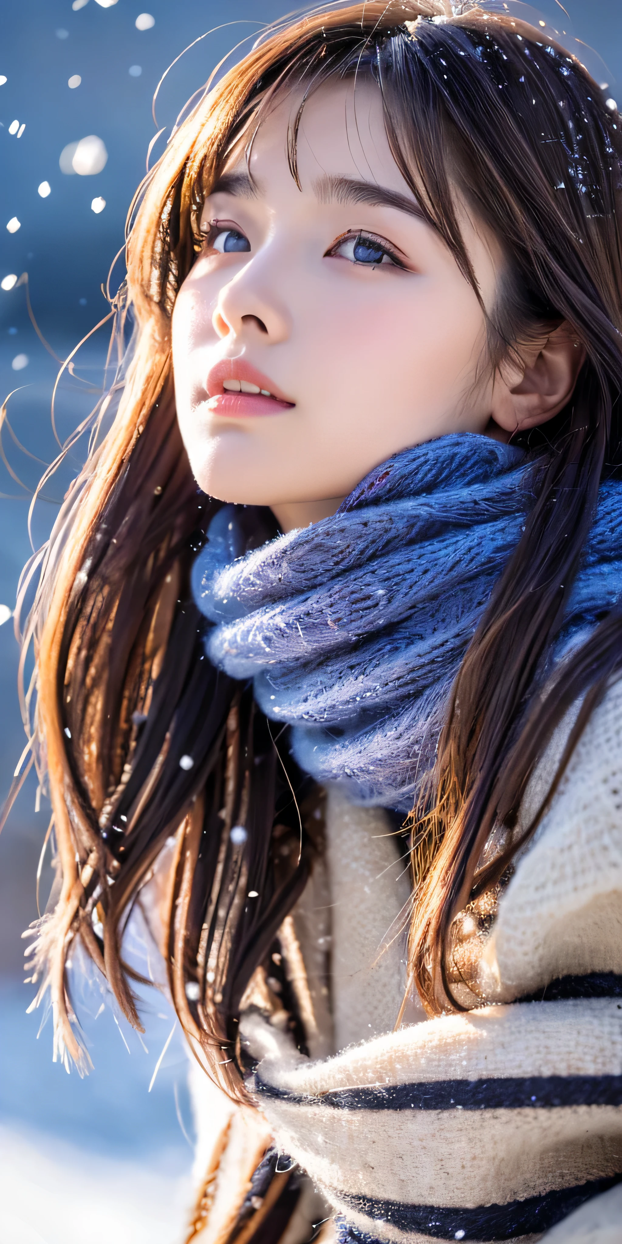 ((hair blowing in the wind、no makeup:1.2))、(realistic、Photoreal、Super detailed、best detailed skins、highest quality、masterpiece、超A high resolution)、cute russian woman、、high school girl、young girl、1 girl、have bangs、ash blonde:1.7、double eyelid、drooling eyes、Japanese style face、purity、realistic skin type、thick muffler、Gray muffler、fluffy hair、((There'hair in scarf:1.3))、red cheeks、The wind is blowing、that'It's snowing、night、illumination、Lighting from behind、hair blowing in the wind、((Antarctica、A meteor shower、A world view of the aurora))