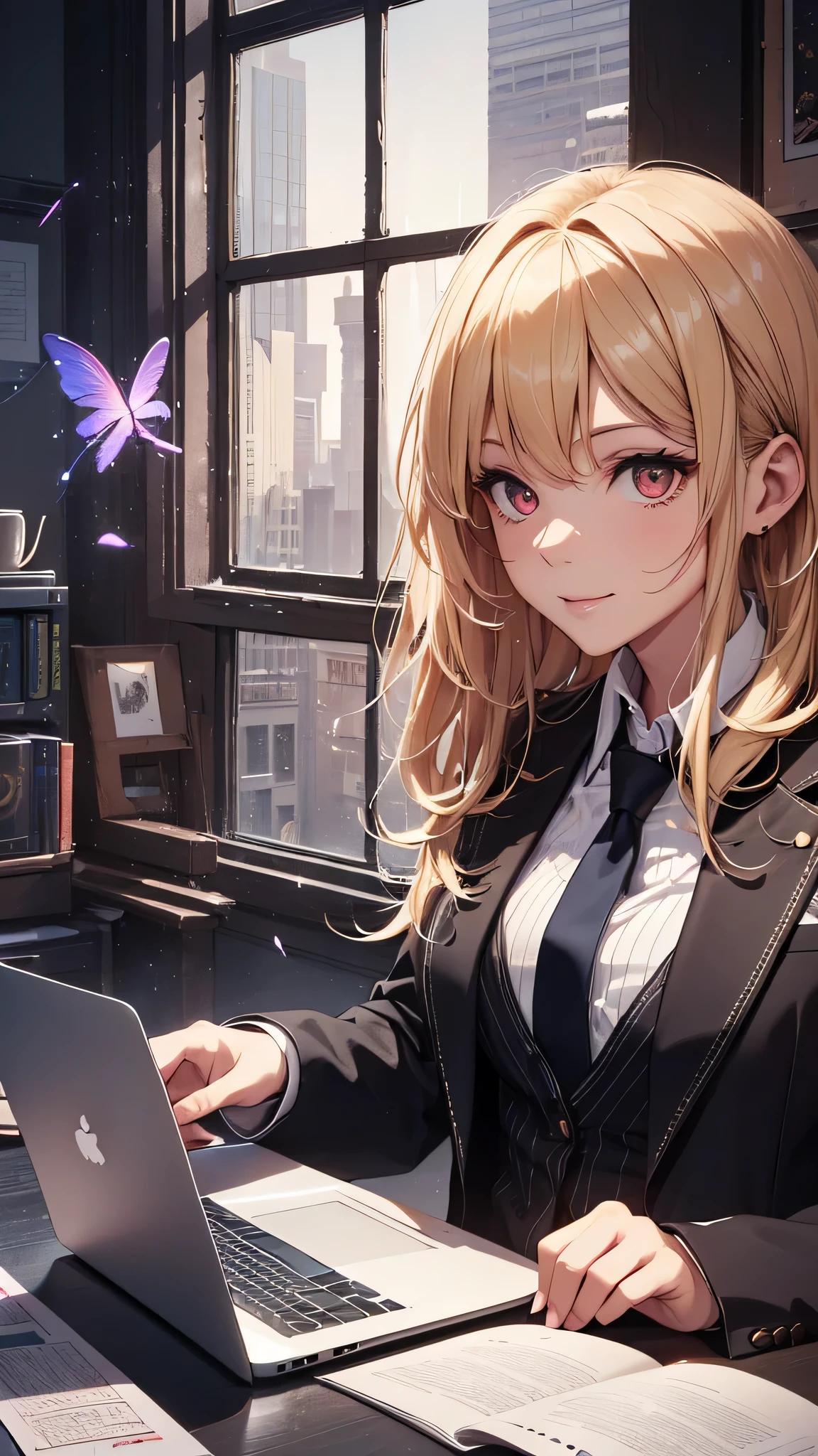 最high quality、best image quality、masterpiece、girl((18-year-old、 By becoming、vest bust、medium bust,wide open breast tea、red glowing eyes, blonde、messy hair、long hair、thin,highest valley、black suit、Blue tie、open chest、White wristband、smile、Leaning forward、hair ornaments、have a laptop、Angle from the side、Lointail)),high quality、beautiful art、background((White computer room、Coffee cup、line of light))、Flight、debris flies、Depth of written boundary、movie、visual art、perfect art、8K,genuine、