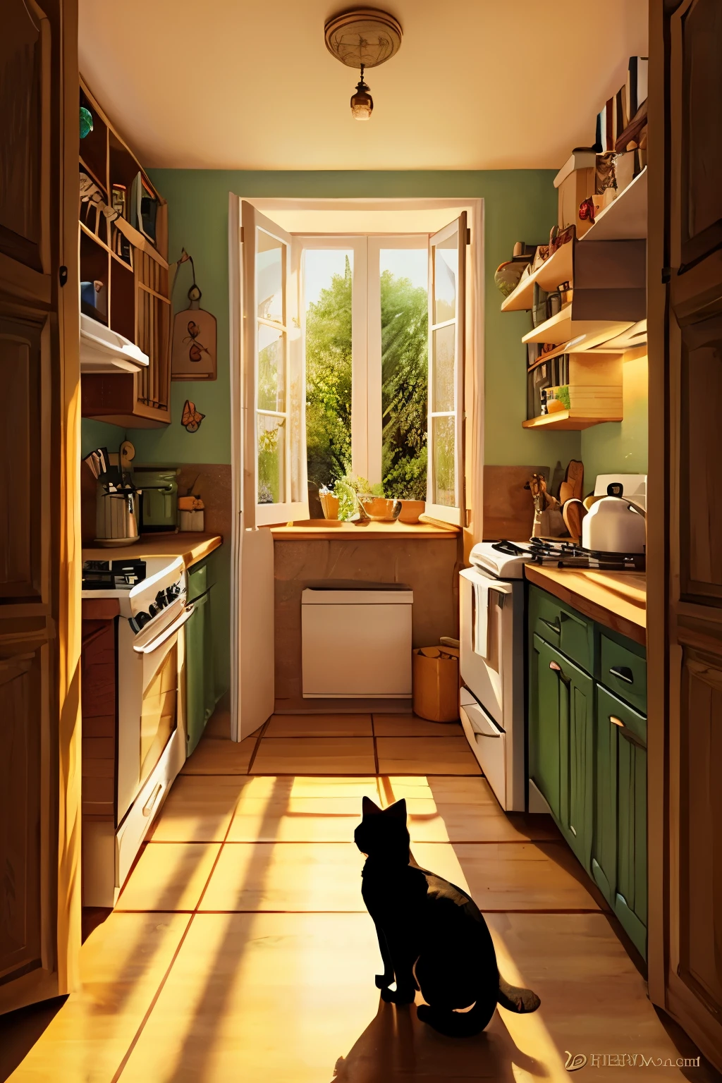 There is a painting of a woman in a kitchen with a cat., a storyBook Illustrations inspired by Anton Pieck, Featured on Pixiv, magical realism, Full page illustrations, Illustrations for children, children Book Illustrations, children’s Book Illustrations, children's Book Illustrations, Book Illustrations, detailed Book Illustrations, Full page illustrations, childrens Book Illustrations, childrenBook Illustrations