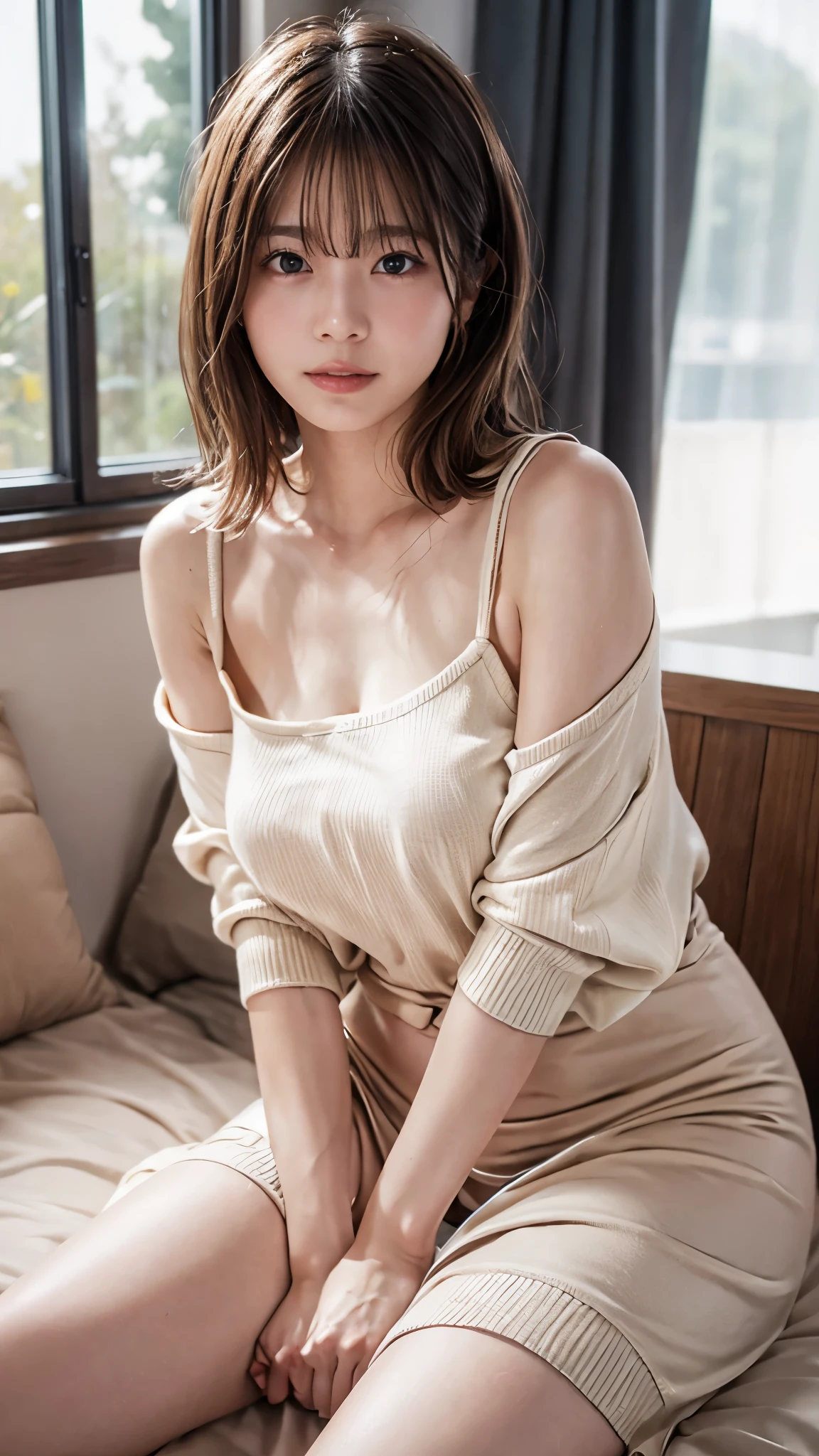 8k,highest quality、Caucasian girl、background blur、Super high quality、sunlight、Bare upper chest、Bare shoulders、Exposed groin、Bare buttocks、Fair-skinned beautiful girl、disheveled bob hair、small breasts、small breastsの谷間、A fleeting look、clear outline、Mature atmosphere、high definition skin、Fair and beautiful thighs、small butt、The hem is rolled up、Oversized knitted dresses、well-proportioned face、Slouching