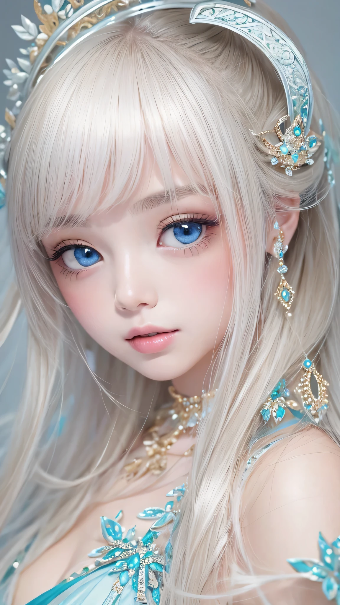 (Close-up:1.4)、(RAW shooting:1.2)、(photorealistic:1.4)、(masterpiece:1.3)、(highest quality:1.4)、bright look、exquisitely beautiful girl、extraordinary beautiful girl、Detailed cute and beautiful face、beautiful bangs、glowing white shiny skin、facial hair、Bangs that extend to the face、bangs between the eyes、super long hair、Charming light and dark platinum blonde super long straight silky hair、thin hair、Charming shining beautiful bright clear light blue big eyes、luxurious dress、tiara、double eyelids、rich bust、Upper body、ancient city