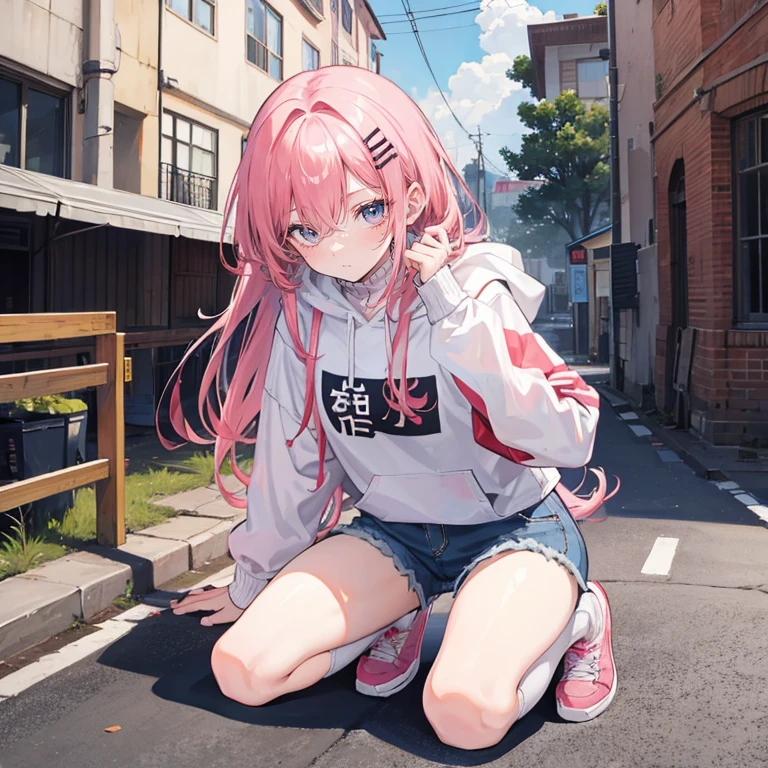Coral pink hair,long hair,hair over one eye,gray eyes,feather hair ornament,cute,girl,Hoodie,denim short shorts,Wear white knee-high socks,whole body,squat on the ground,Don't show your arms,The background is the student dormitory
