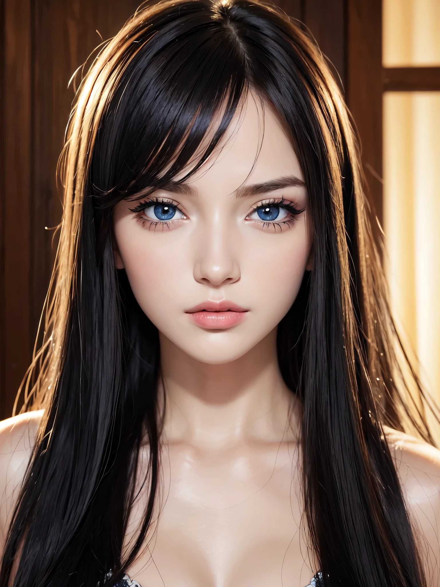 masterpiece, best quality, beautiful young woman, shiny blue eyes, (detailed pupils:1.2), eyelash, beautiful light black hair, streaked hair, multi color, medium hair, perfect face, detailed,