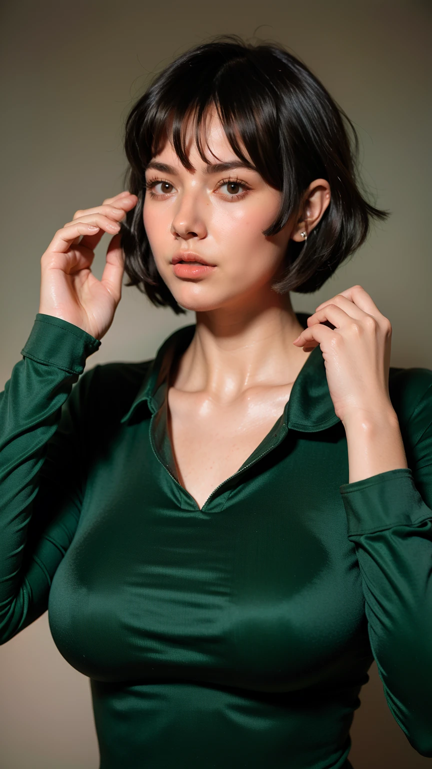 fubuki,,fubuki (One Punch Man),1 girl,big breasts、Green Long Dress,jewelry、Beauty、long sleeve、collar、beautiful woman、beautiful face、superpower、sexy pose