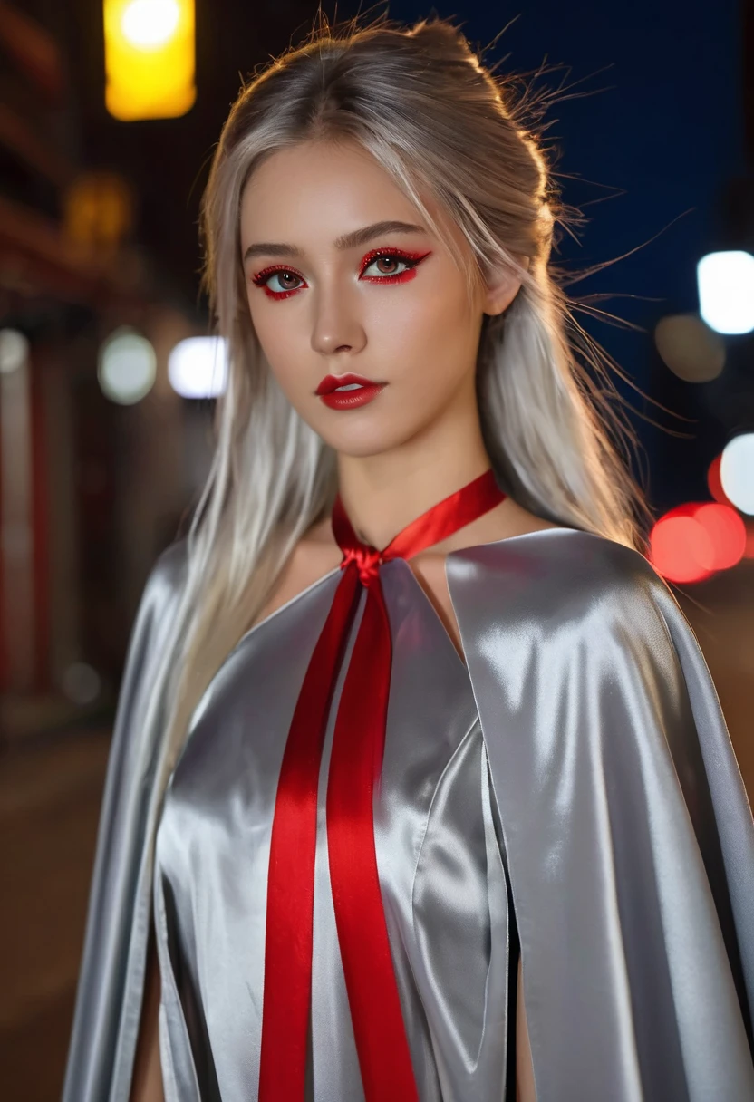 (RAW Photo) , (highly detailed:1.20) , ultra realistic :1.10) ,sexy girl in her 20s , (perfect face:1.20) , (detailed red eyes:1.20) , with long silver hair in ponytail , (((long silver satin cape tied at the neck with a ribbon :1.20))) , naked  , full body, walking down street at night , high-quality ultra realistic style, detailed eyes, professional, expressive , 8K , highly detailed , professional,