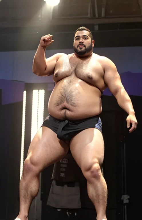 ((((Only male chubby man extremely thick thighs large belly))), obra de arte,maximum quality,day comerciant,gordo,gordo guy,Uma moreno,breve lenda,barba,oculos de sol,Eu tenho uma barriga grande exposta,The face is big,Posture of speaker gesturing with hands to the audience encouraging them,Notas voadoras,Moedas Voadoras,tesouro,luzes de holofotes, image of full body naked no clothes Only Speedo red or white or black. Volume na Virilha Menor.