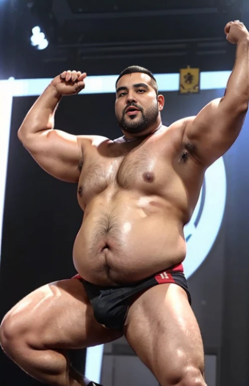 ((((Only male chubby man extremely thick thighs large belly))), obra de arte,maximum quality,day comerciant,gordo,gordo guy,Uma moreno,breve lenda,barba,oculos de sol,Eu tenho uma barriga grande exposta,The face is big,Posture of speaker gesturing with hands to the audience encouraging them,Notas voadoras,Moedas Voadoras,tesouro,luzes de holofotes, image of full body naked no clothes Only Speedo red or white or black. Volume na Virilha Menor.