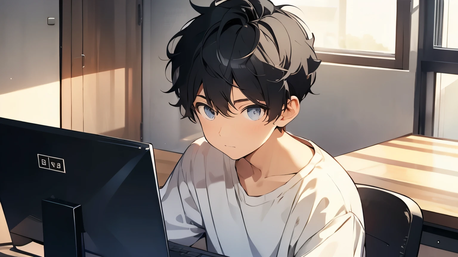 short hair、black hair、18 year old man、Looks serious、one's home、using a computer