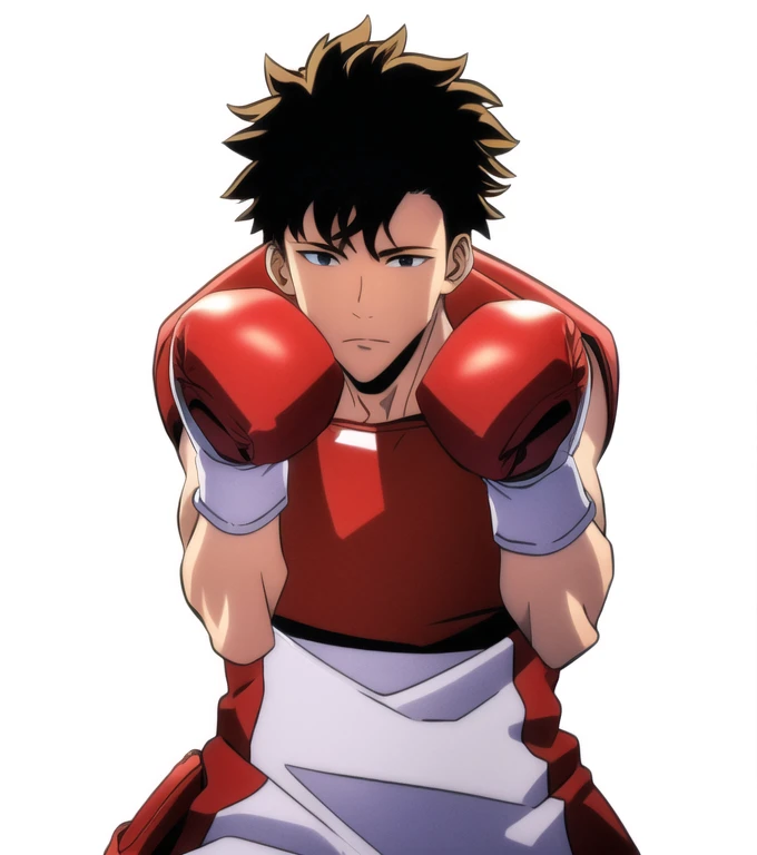 (Illustration, high resolution, best quality: 1.5, masterpiece, minimalist, whitebackground: 2, simplistic detail, anime), solo: 2, fit male, adult male, upper body, half body portrait, shirtless: 2, boxer, boxing gloves, vox machina style, itadori yuji, blond: 1.5,  