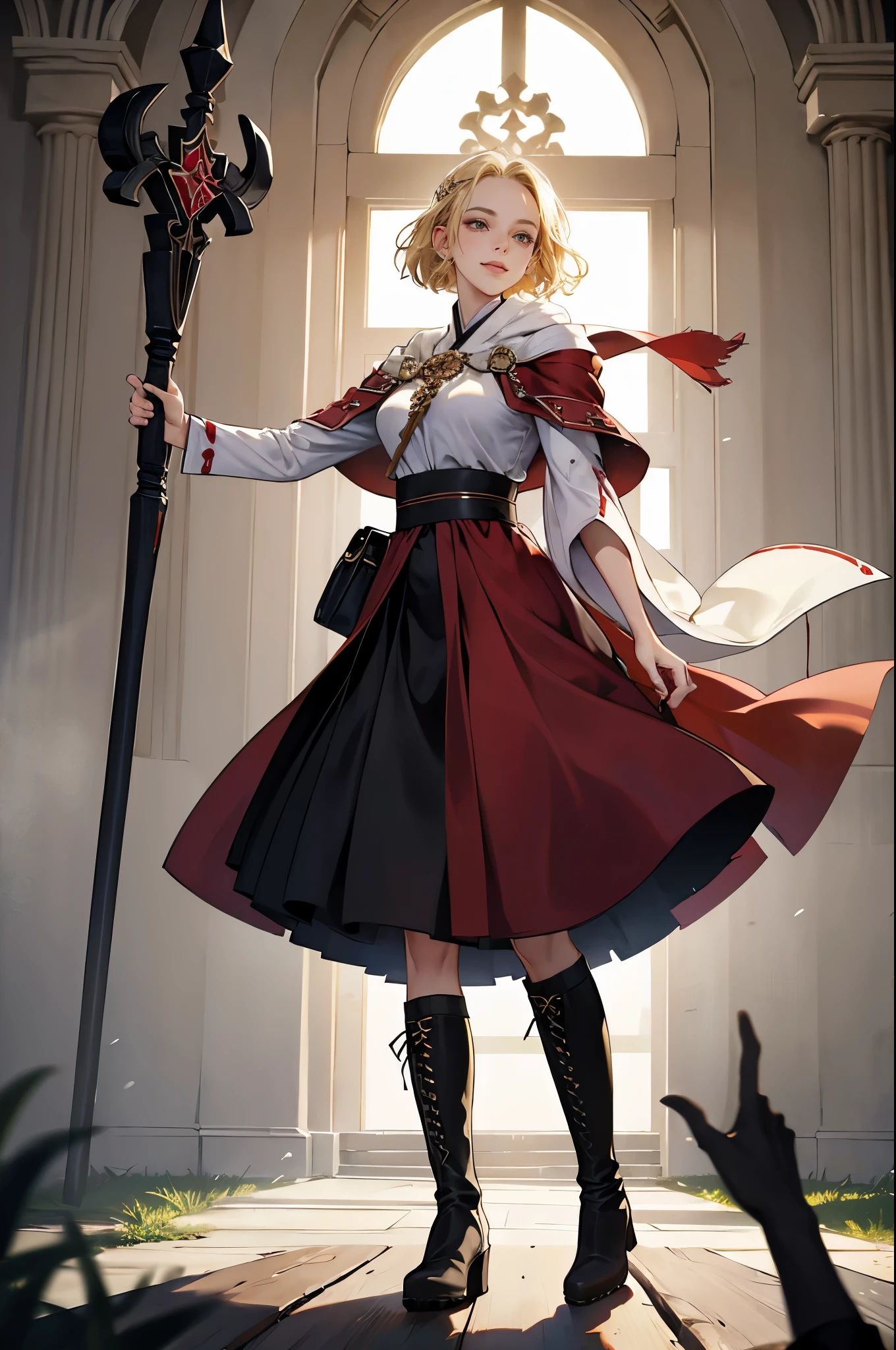masterpiece, ultra detailed, 8k portrait, RAW photo, portrait photography, highly detailed face, beautiful and meticulous eyes, ((Fantasy)), Young beautiful, dynamic pose, kind face, smile, (((Blonde very short hair, forehead))), ((Priest)), armpit, wood necklace, clergy hat, (((long cloak))) fluttering in the wind, (((dark dull red super fit Priest robe))), (((long skirt)), (((low boots))), ((holding long wood staff)), big shoulder bag, Midday Sun, hyper realistic, Body model, mid breasts, Beautiful breasts, Long legs, in the crowd, Ambient lighting, Shadow details , Camera focus on face, strong breeze, Light fog