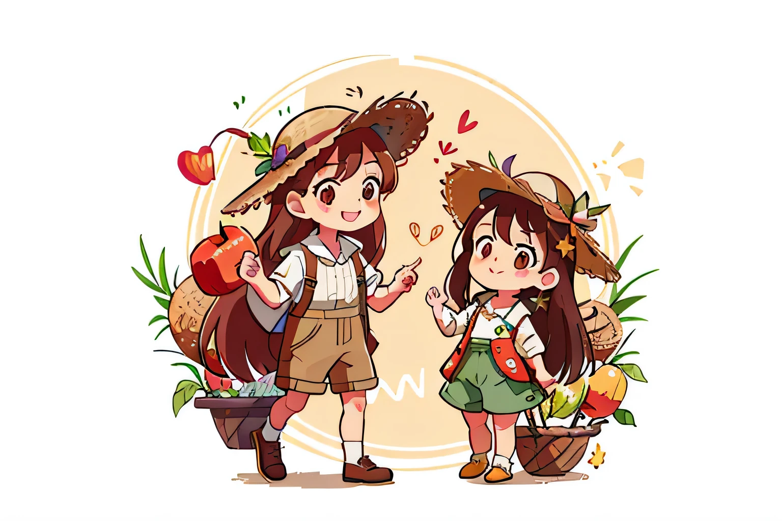 Girl with long brown hair，Put on the farmer suit，（With straw hat），in apple orchard，colorful，Dance（with love）happy，apple（surrounded by love），O sign，vector，line art，design，inspiration，straight line，RHAD