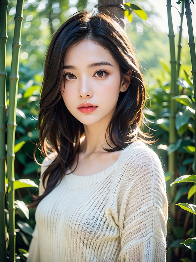 1 girl, colorful hair, (brown eyes), (extremely delicate and beautiful), (sweater), bamboo forest, pool, front, Butterfly, hair, Butterfly, dreamy light, (8K, original photo, best quality, masterpiece: 1.2), (actual, Photo fidelity: 1.3), Ultra-fine, Ultra-fine cg 8K wallpaper, (Crystal texture skin: 1.2), of the best quality, masterpiece, 8K