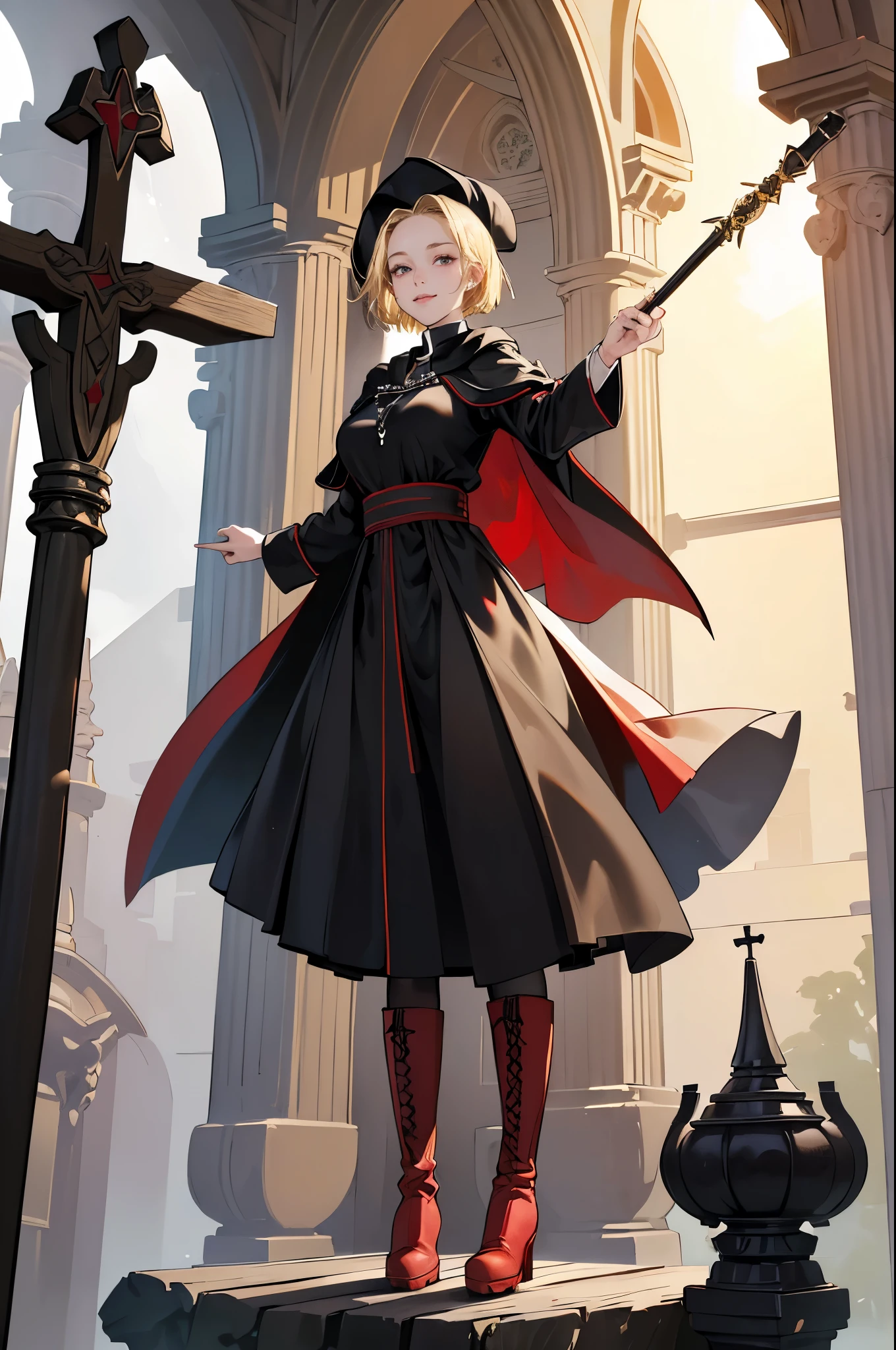 masterpiece, ultra detailed, 8k portrait, RAW photo, portrait photography, highly detailed face, beautiful and meticulous eyes, ((Fantasy)), Young beautiful, dynamic pose, kind face, smile, (((Blonde very short hair, forehead))), ((Priest)), armpit, wood necklace, clergy hat, (((black long cloak))) fluttering in the wind, (((dark dull red Fitted perfectly to the body Priest robe))), (((long skirt)), (((low boots))), ((holding long wood staff)), big shoulder bag, Midday Sun, hyper realistic, Body model, mid breasts, Beautiful breasts, Long legs, in the crowd, Ambient lighting, Shadow details , Camera focus on face, strong breeze, Light fog