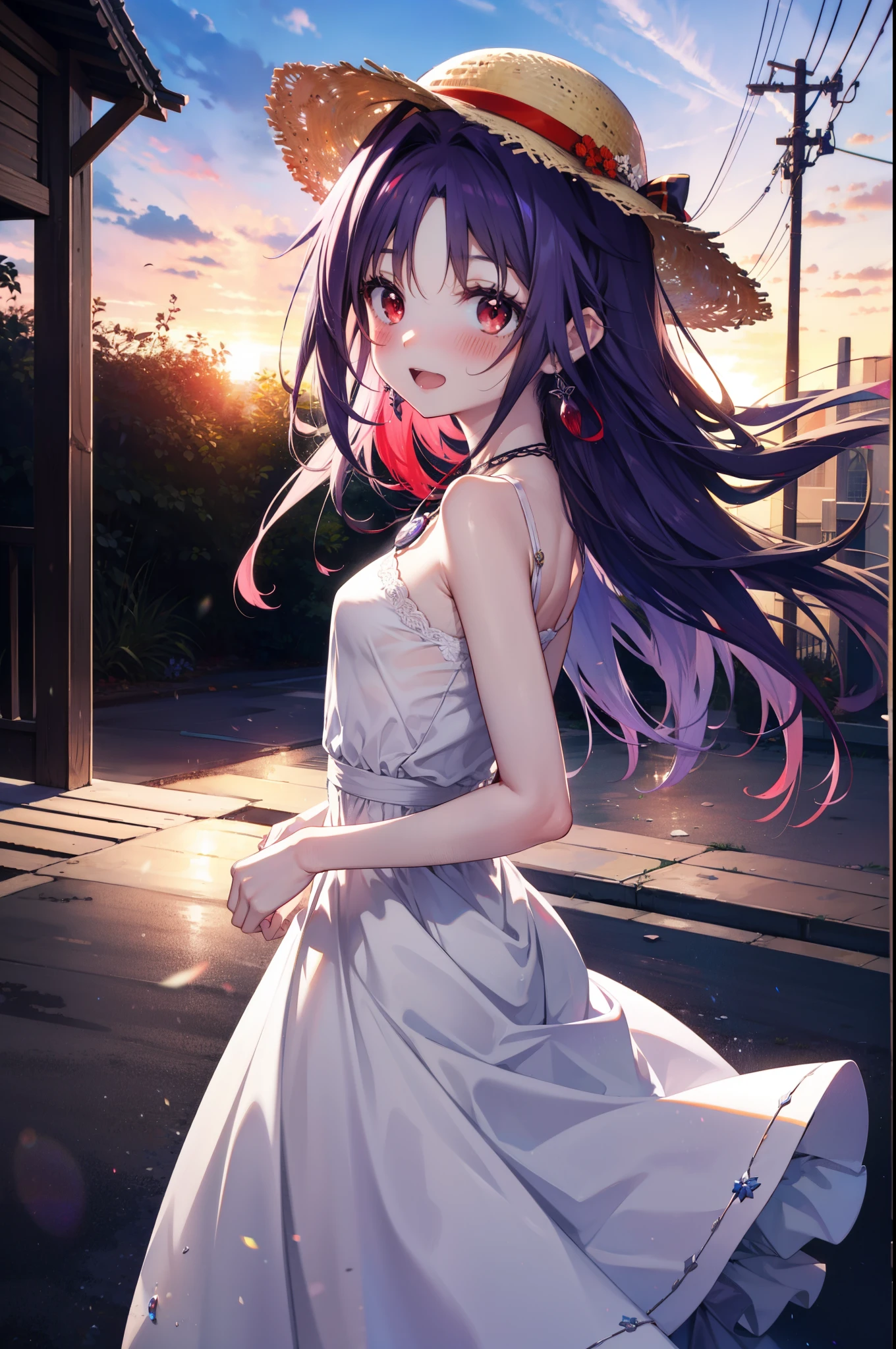 yuukikonno, Konno Yuuki, hair band, long hair, pointed ears, purple hair, (red eyes:1.5), (small breasts:1.2), smile,blush,open your mouth wide,straw hat,White long skirt integrated dress,bare shoulders,bare clavicle,Bare neck,bare arms,Cute Sandals,bend forward a little,noon,Clear skies,locket necklace,
break looking at viewer, Upper body, full body,(cowboy shot:1. 3)
break outdoors, In town,building street,
break (masterpiece:1.2), highest quality, High resolution, unity 8k wallpaper, (figure:0.8), (detailed and beautiful eyes:1.6), highly detailed face, perfect lighting, Very detailed CG, (perfect hands, perfect anatomy),