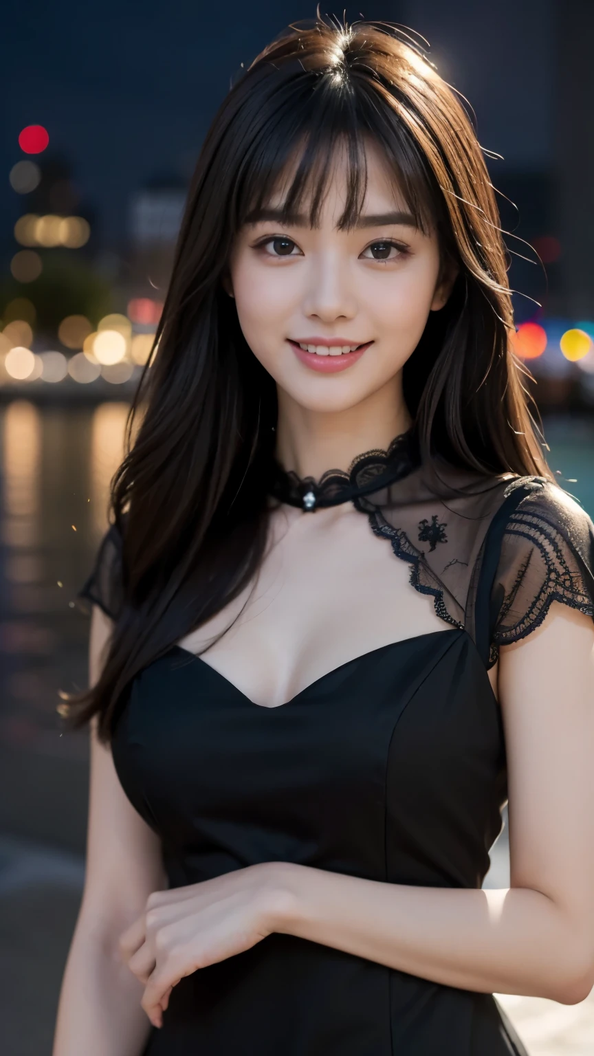 (highest quality,masterpiece:1.3,ultra high resolution),(Super detailed,caustics),(realistic:1.4,RAW shooting),(Vibrant color saturation),1 girl,20-year-old,flat bangs、smiling、Blurred background,Black lace dress、light up at night、Princess-like、Noble